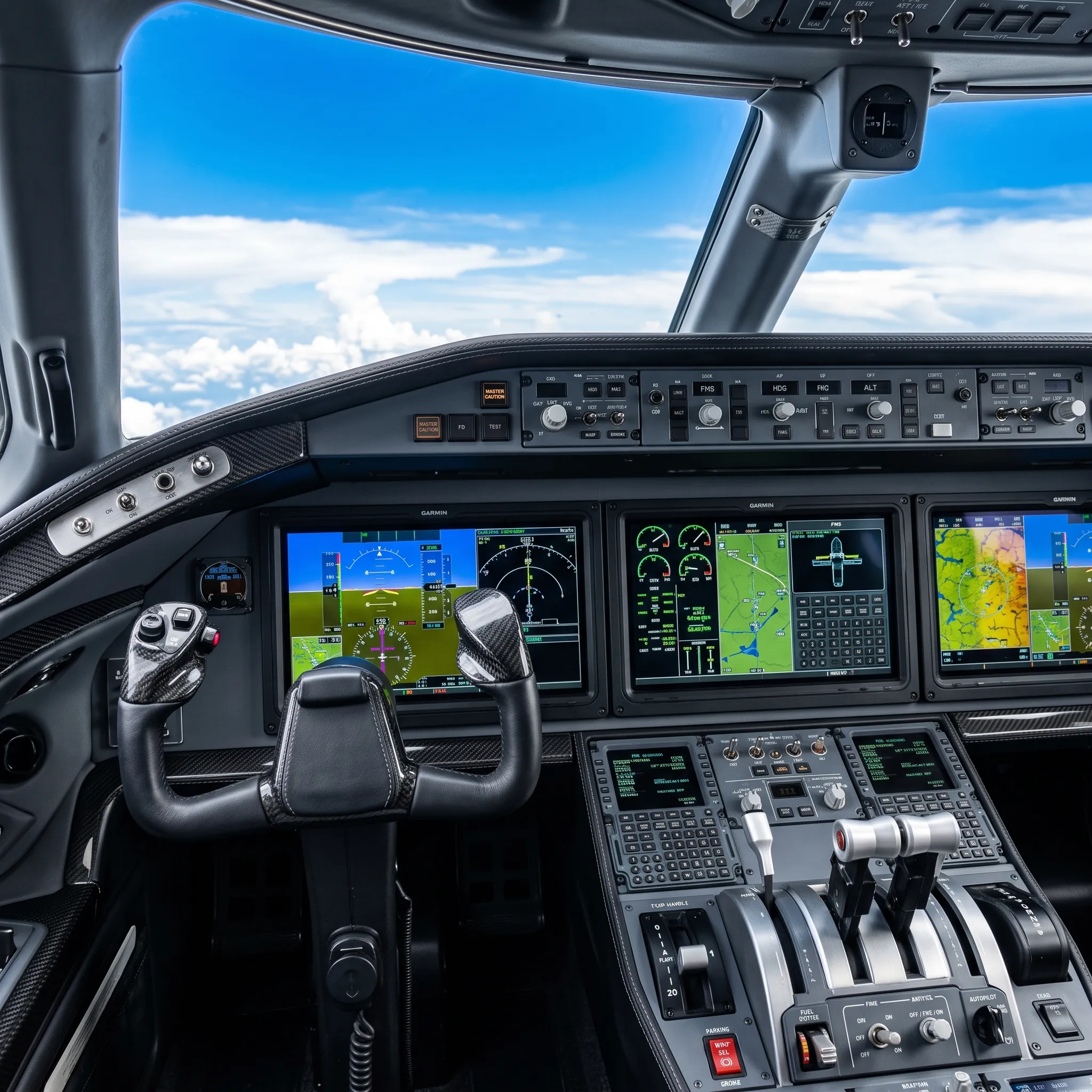Modern private jet cockpit avionics panel in bright daylight