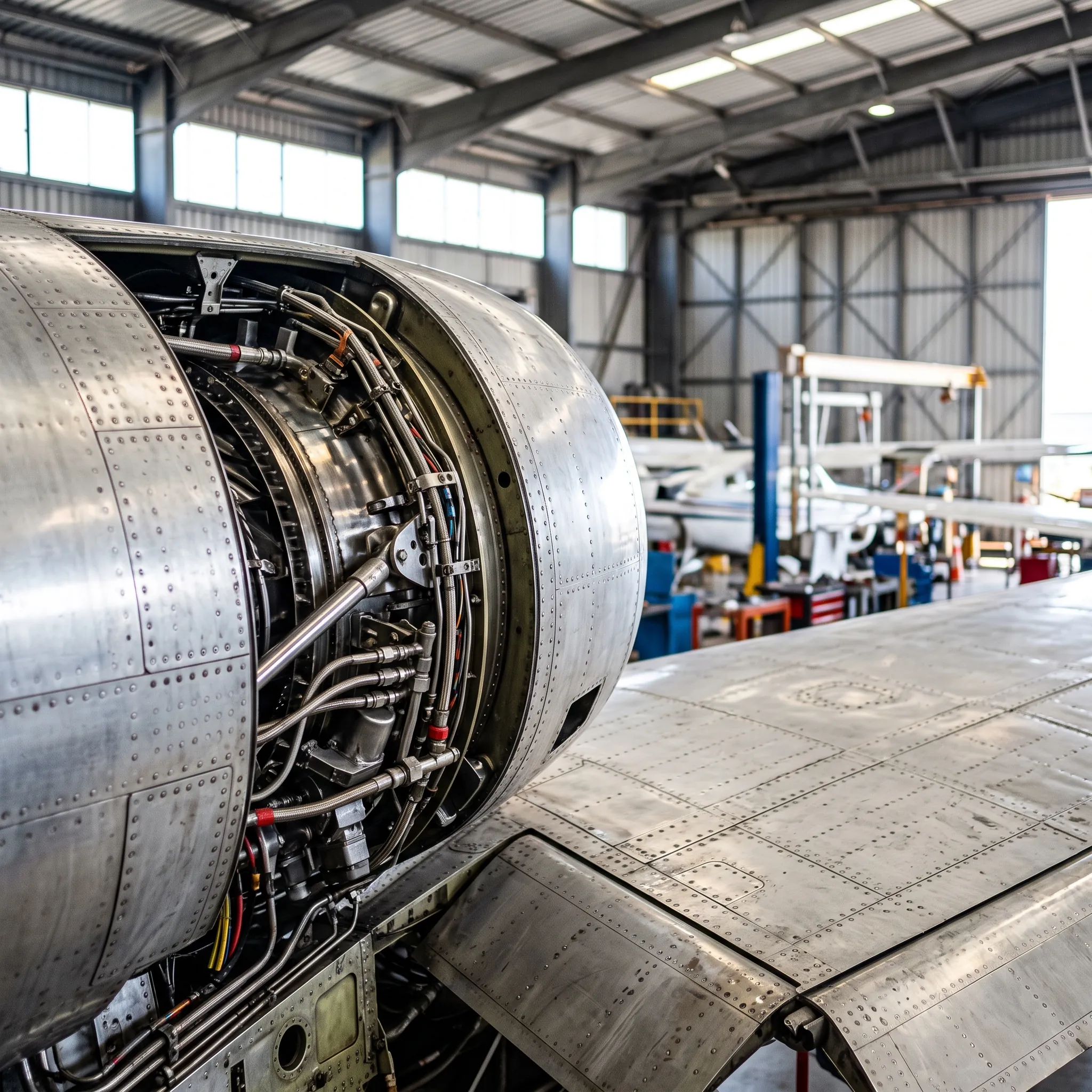 Close-up of private jet engine and wing during maintenance inspection