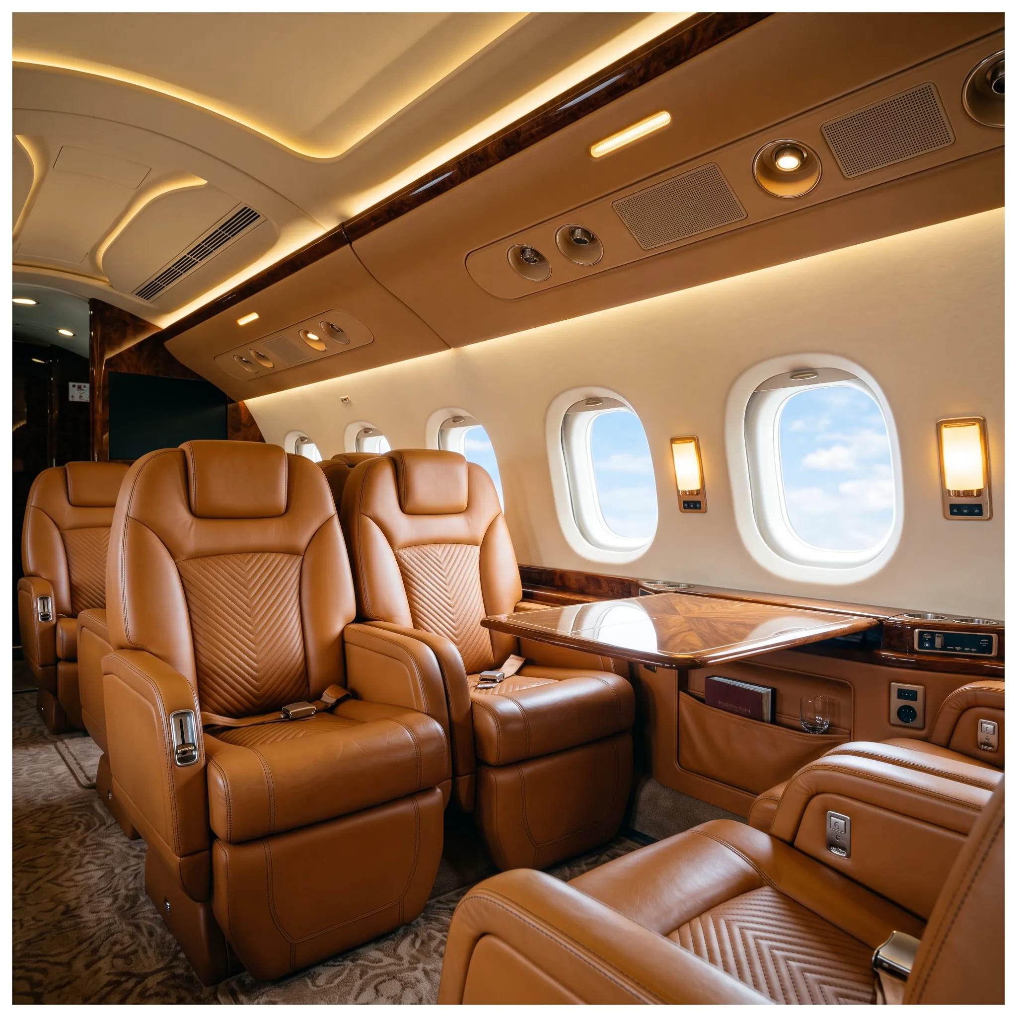 Luxurious private jet cabin interior with leather seating in natural light