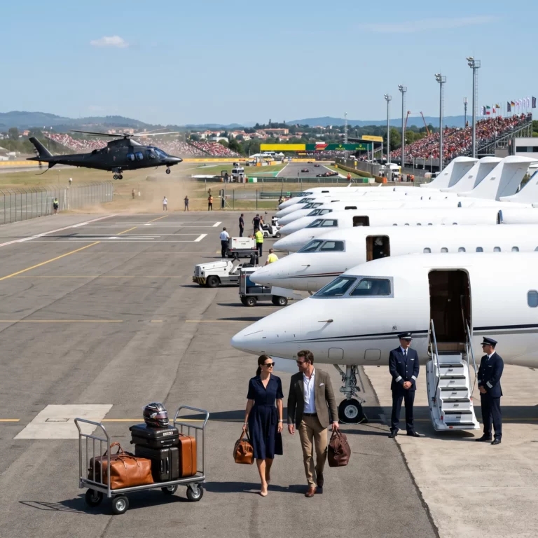 Private jets lined up on an FBO ramp near a Formula 1 circuit as passengers arrive for race weekend