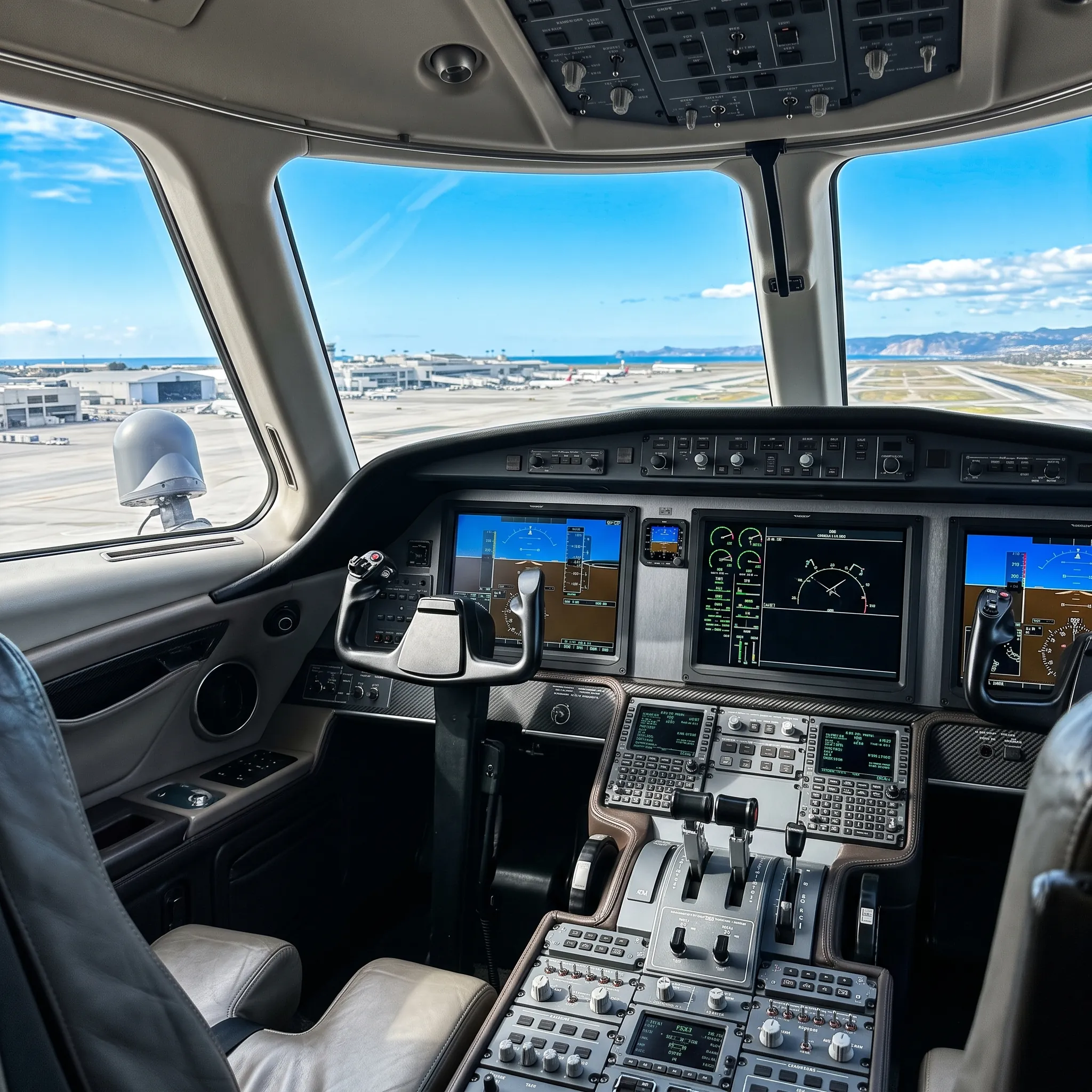 Private jet cockpit with modern avionics and satellite communication systems