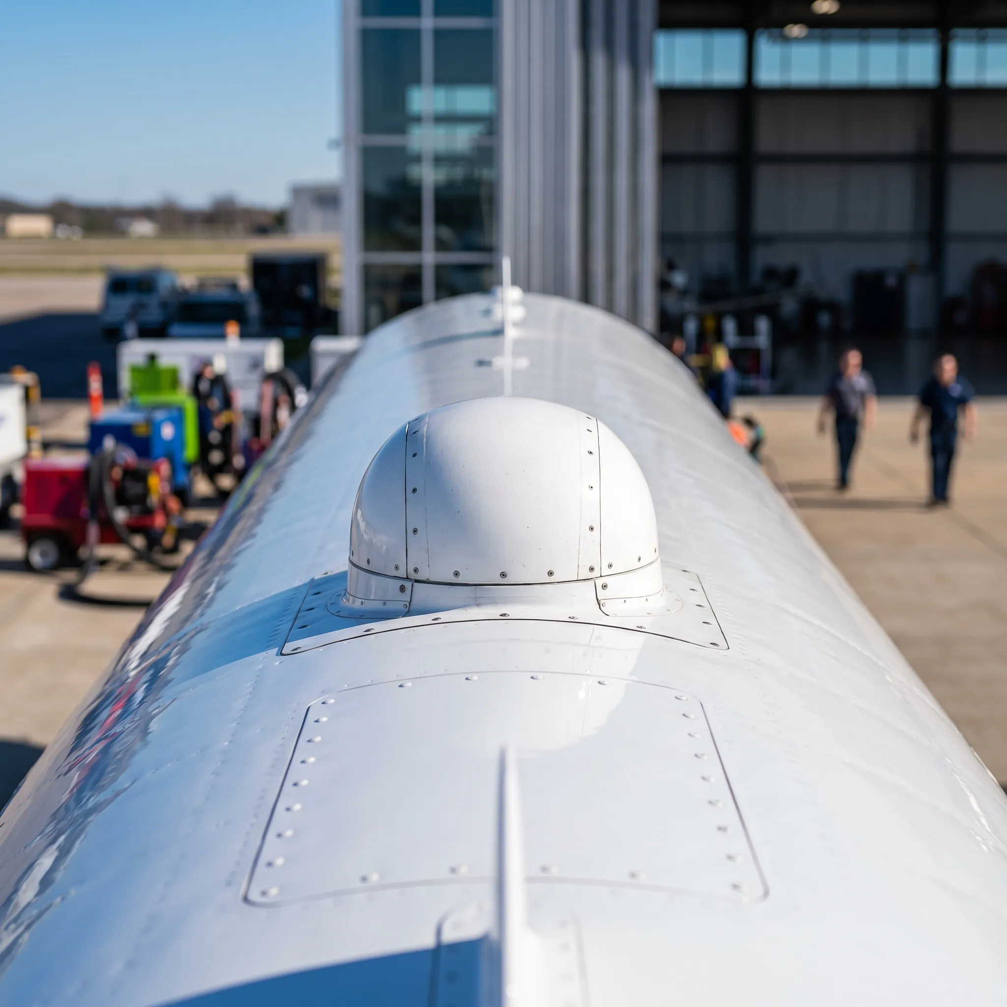 Satellite communication antenna mounted on private jet fuselage on FBO ramp