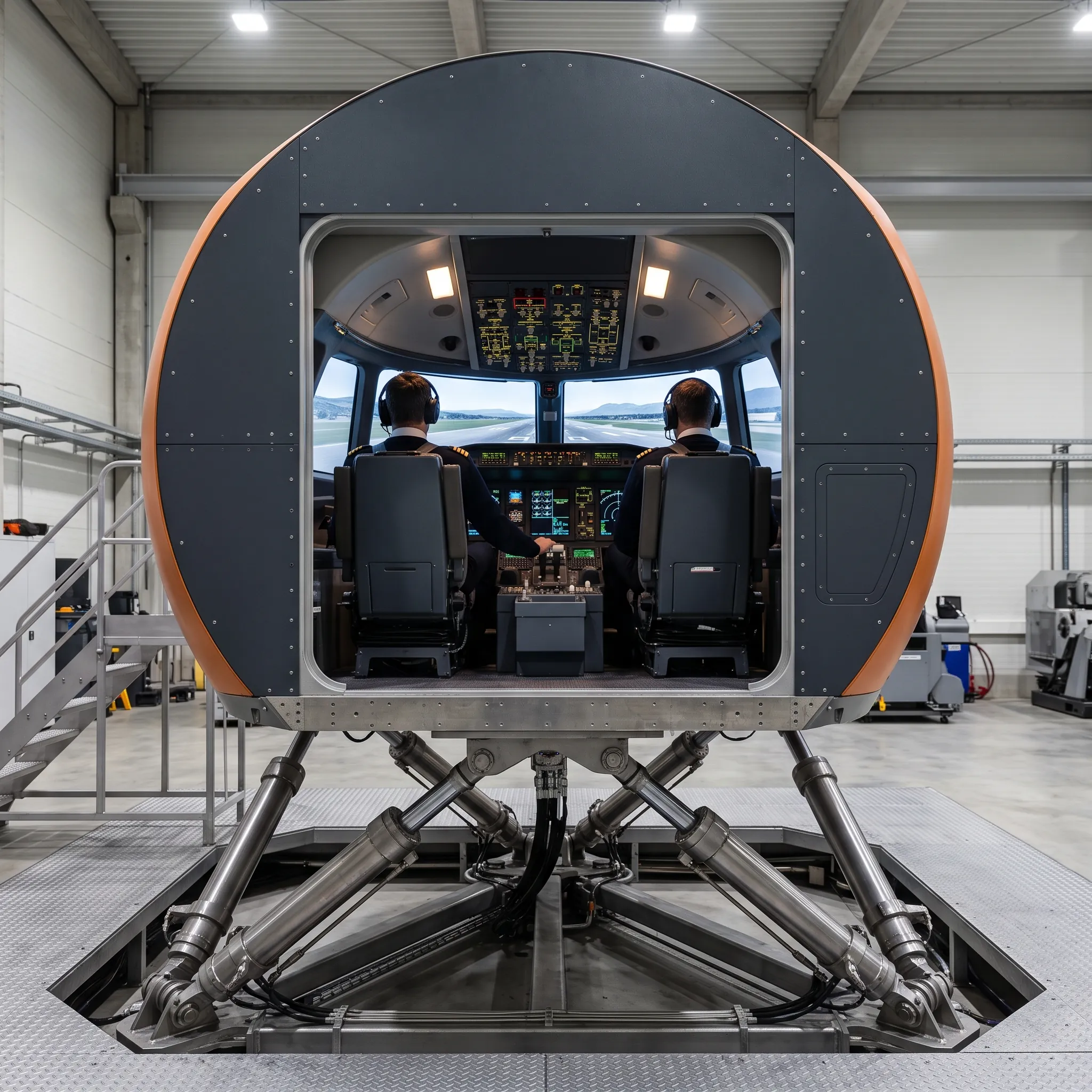 Pilots training inside a full-motion Bombardier Challenger flight simulator