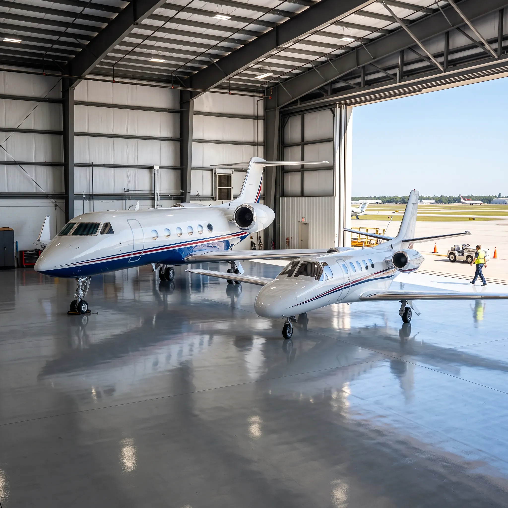 Two different private jet models parked together in a bright hangar illustrating different aircraft types
