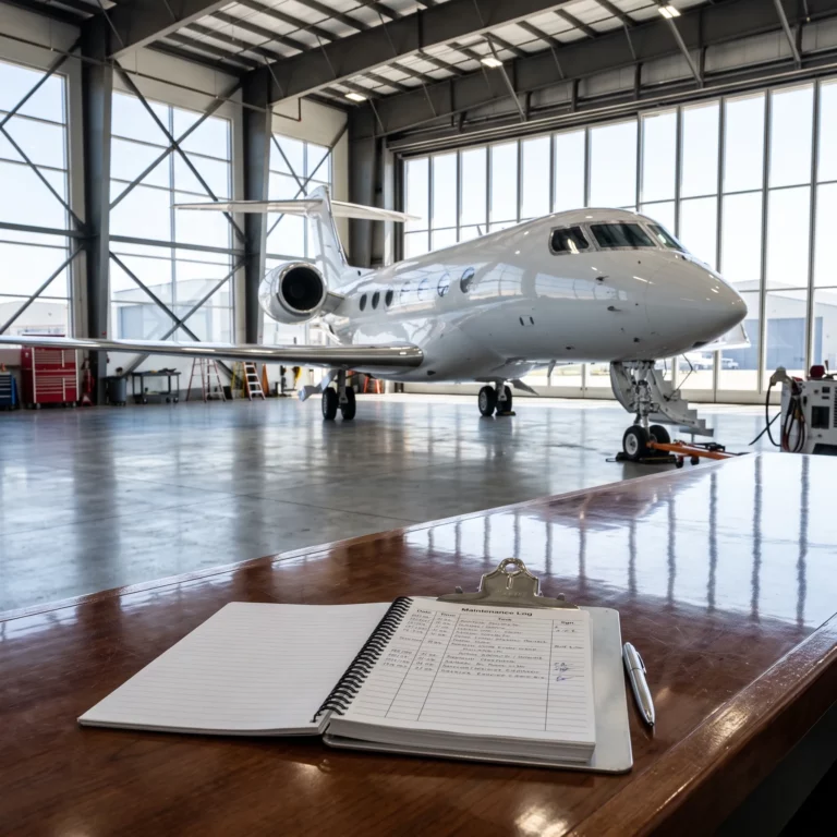 Private jet in a bright hangar during a maintenance and equipment inspection
