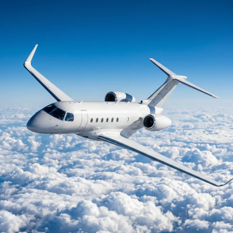 Embraer Praetor 600 private jet flying above clouds in bright daylight