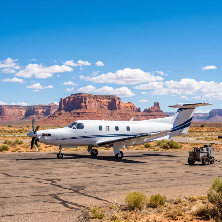 Pilatus PC-12 turboprop parked on a desert airstrip ramp with red rock mesas in the background