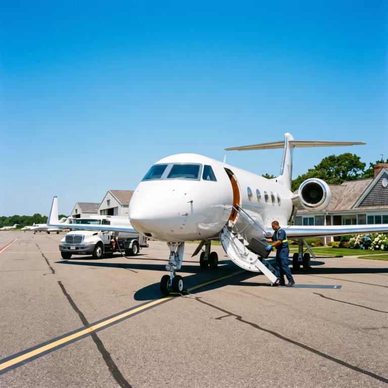 Private jet being prepared for departure at an FBO ramp during a busy summer travel day
