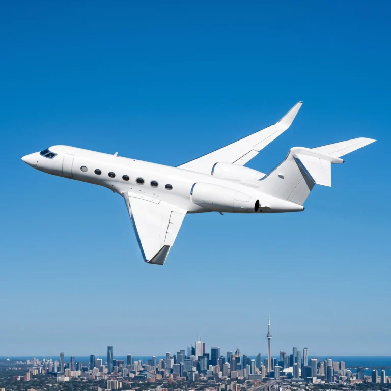 Private jet banking in clear sky near a major city, illustrating Class B airspace routing