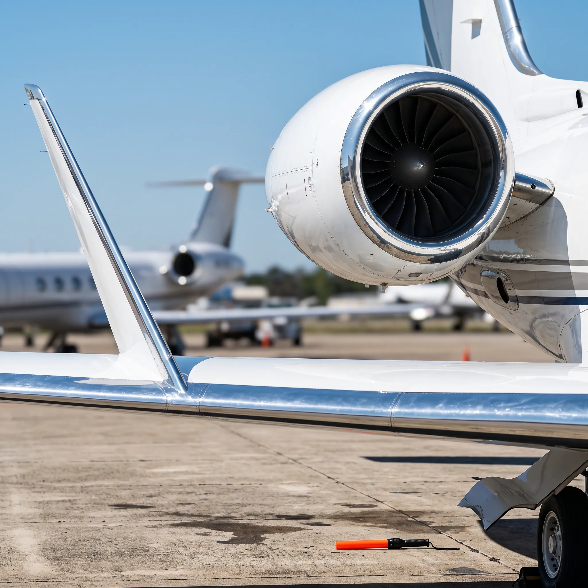 Close-up of a private jet wing and engine nacelle on a sunlit FBO ramp
