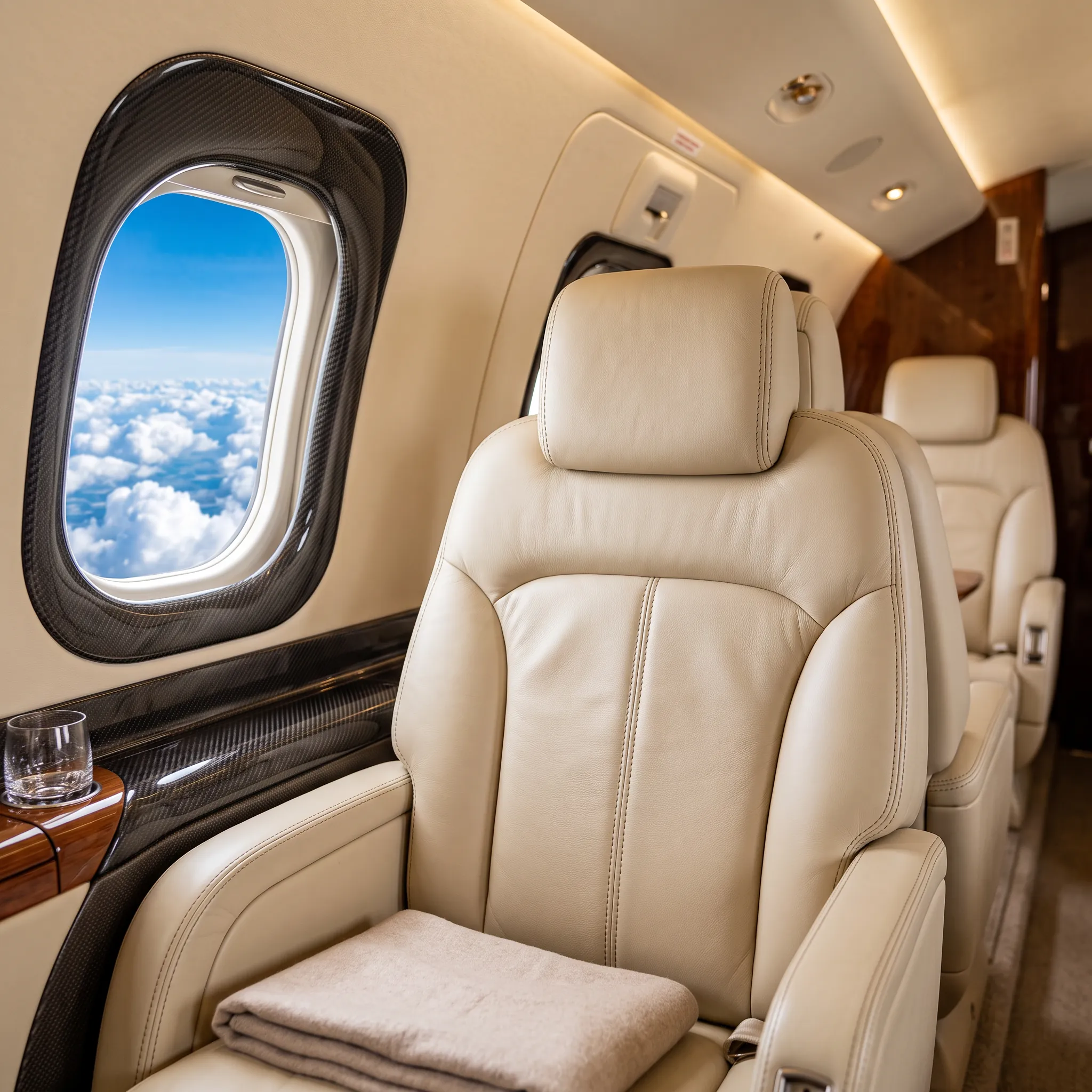 Luxurious private jet cabin interior with leather seats and a bright sky visible through the window