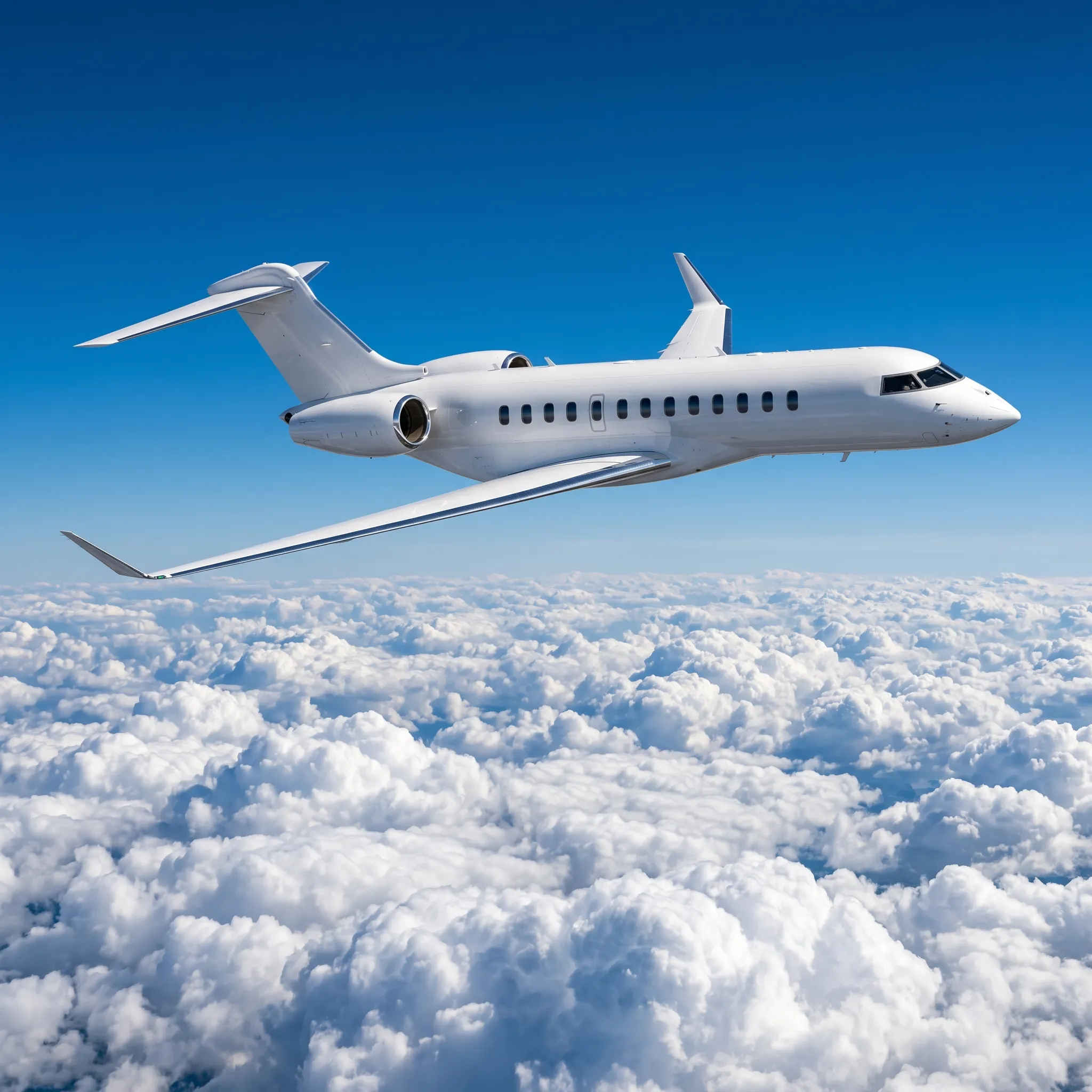 Bombardier Global 7500 private jet flying above clouds in bright daylight