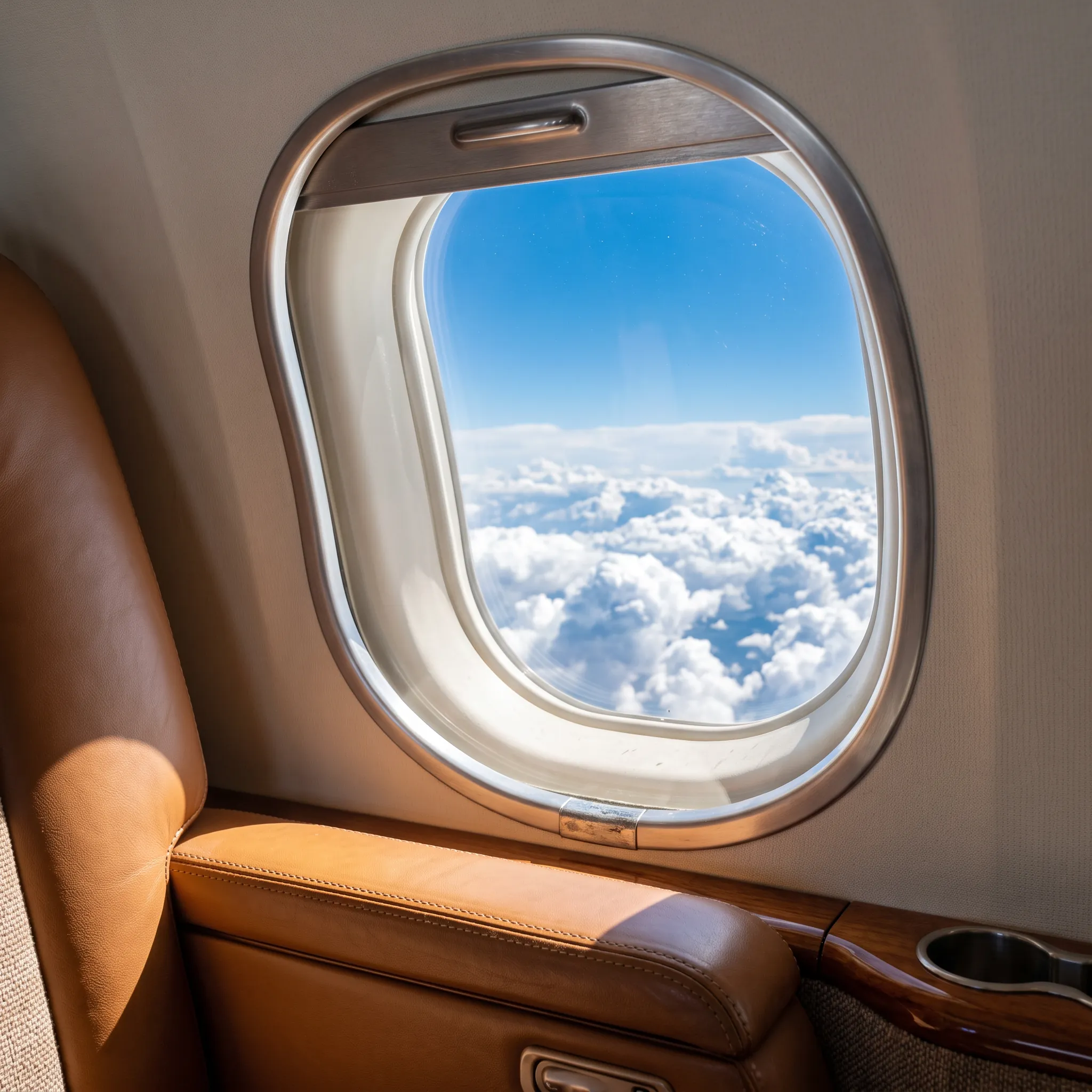 Close-up of a private jet cabin window seat with sunlight streaming through during flight