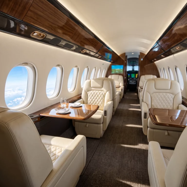 Luxurious Gulfstream G700 cabin interior with leather seats and natural daylight through cabin windows