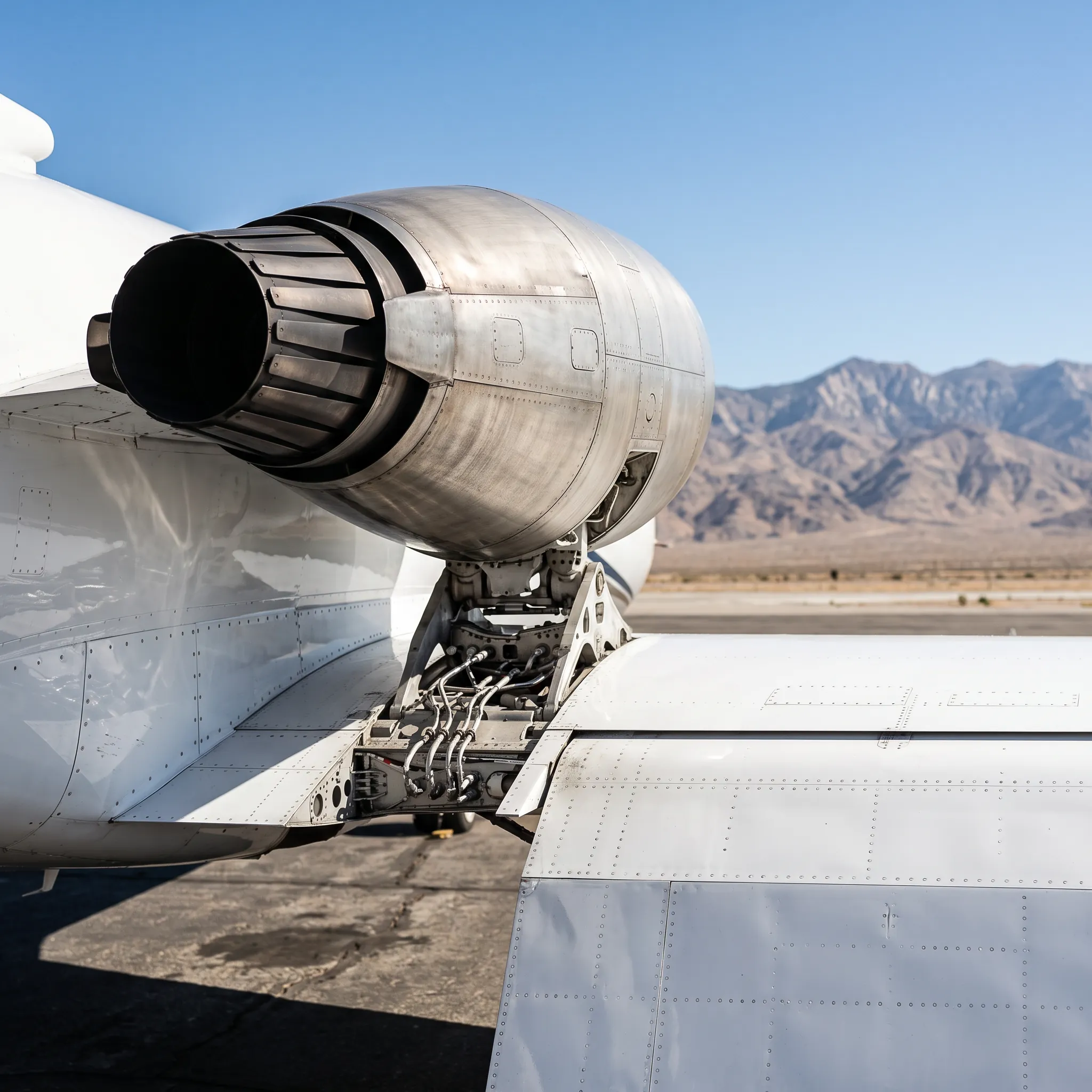 Close-up of a private jet engine nacelle and wing on a high-elevation airport ramp