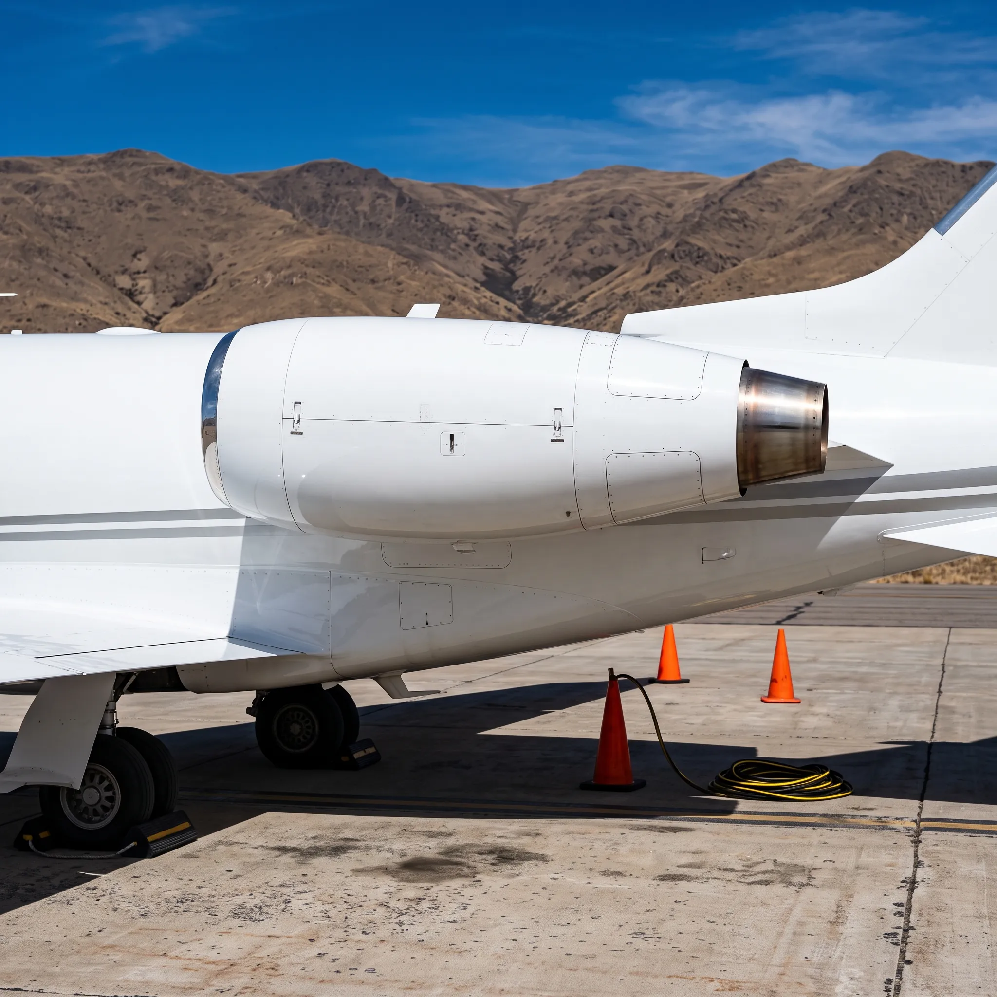 Close-up of the rear-mounted engine on a private jet parked at a high-elevation airport ramp