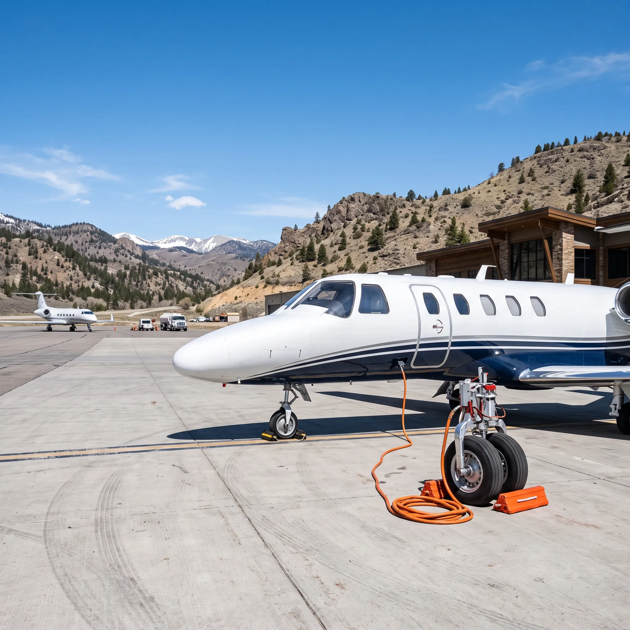 Light private jet on an FBO ramp at a mountain-resort airport with ground equipment nearby