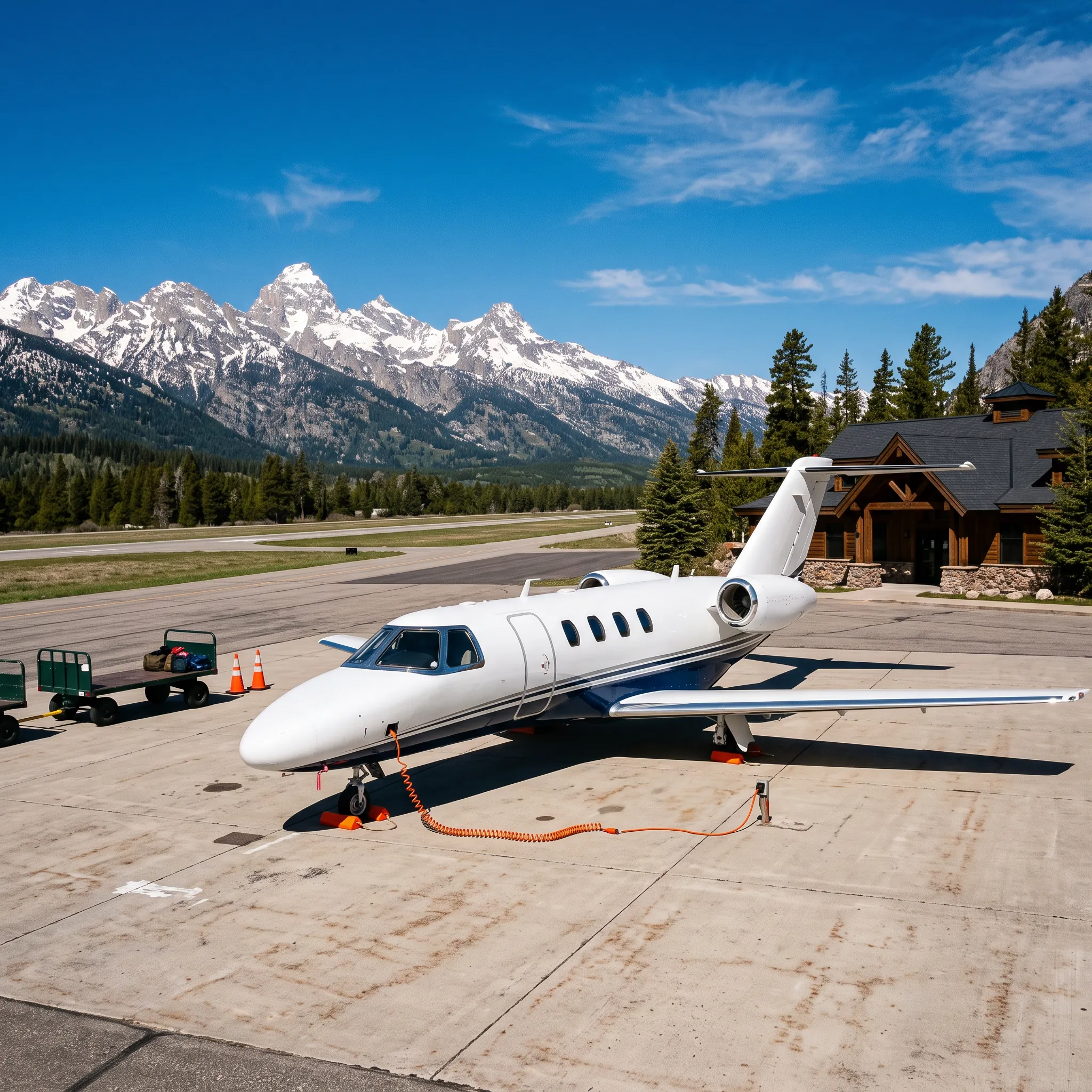 Light private jet parked at a mountain-resort FBO ramp with ground power connected