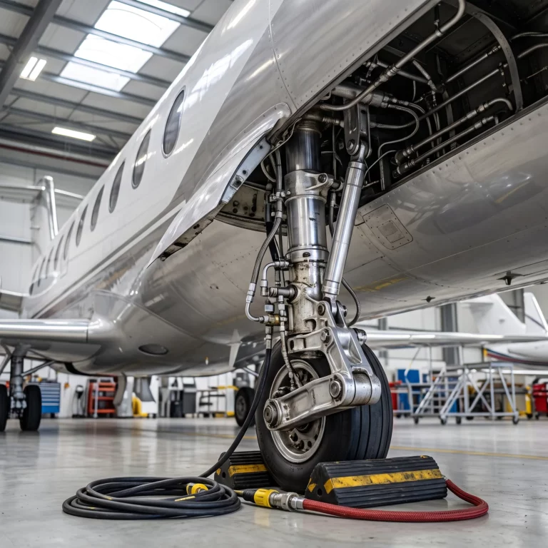 Close-up of a private jet's landing gear during a maintenance inspection in a bright hangar