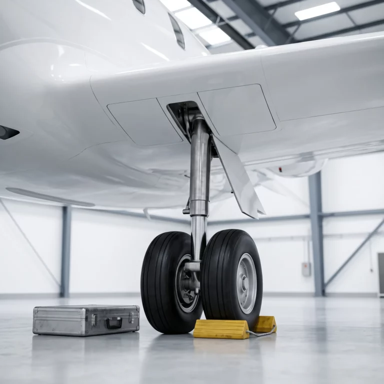 Close-up of a private jet's landing gear during a maintenance inspection in a bright hangar