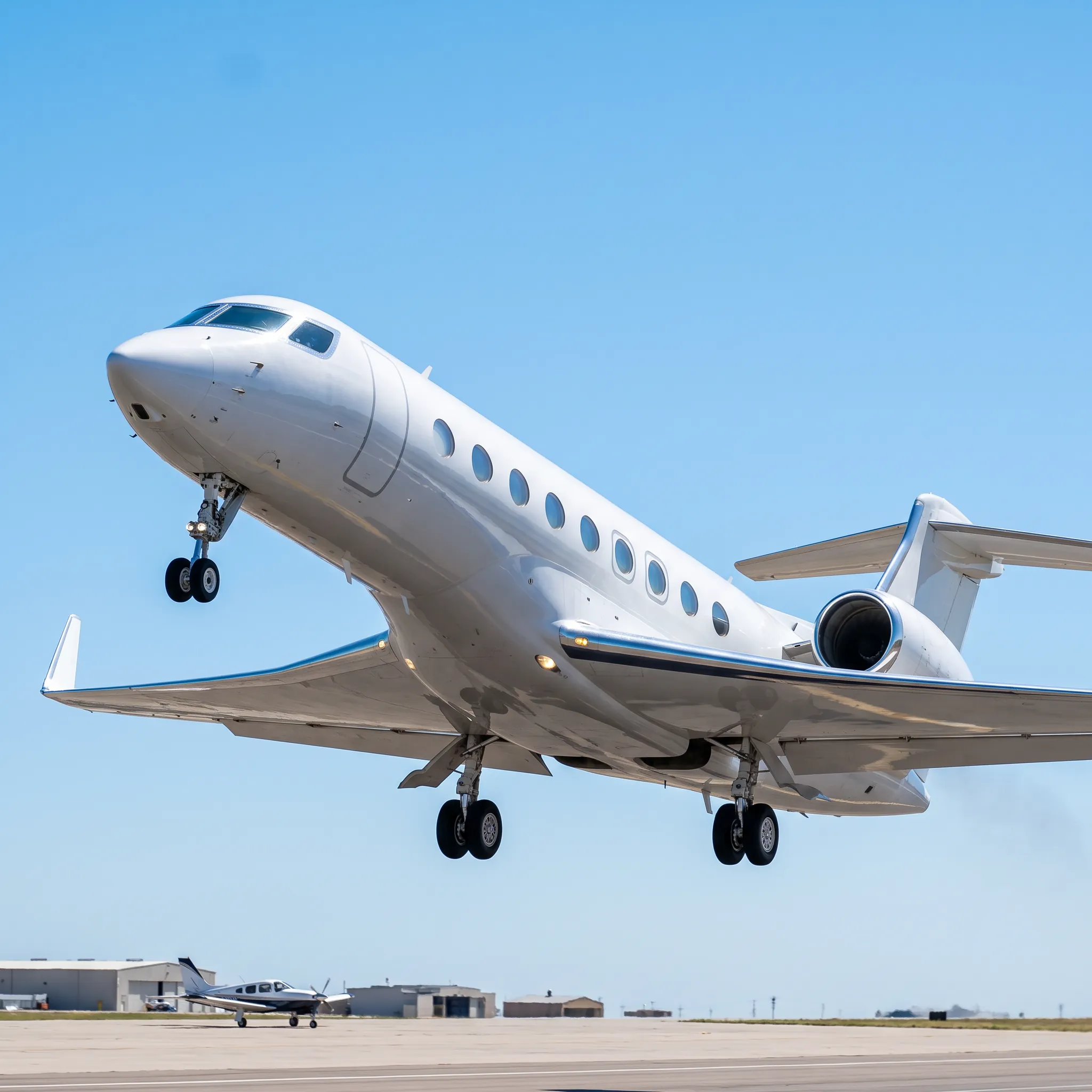 Private jet climbing steeply after takeoff against a clear bright sky