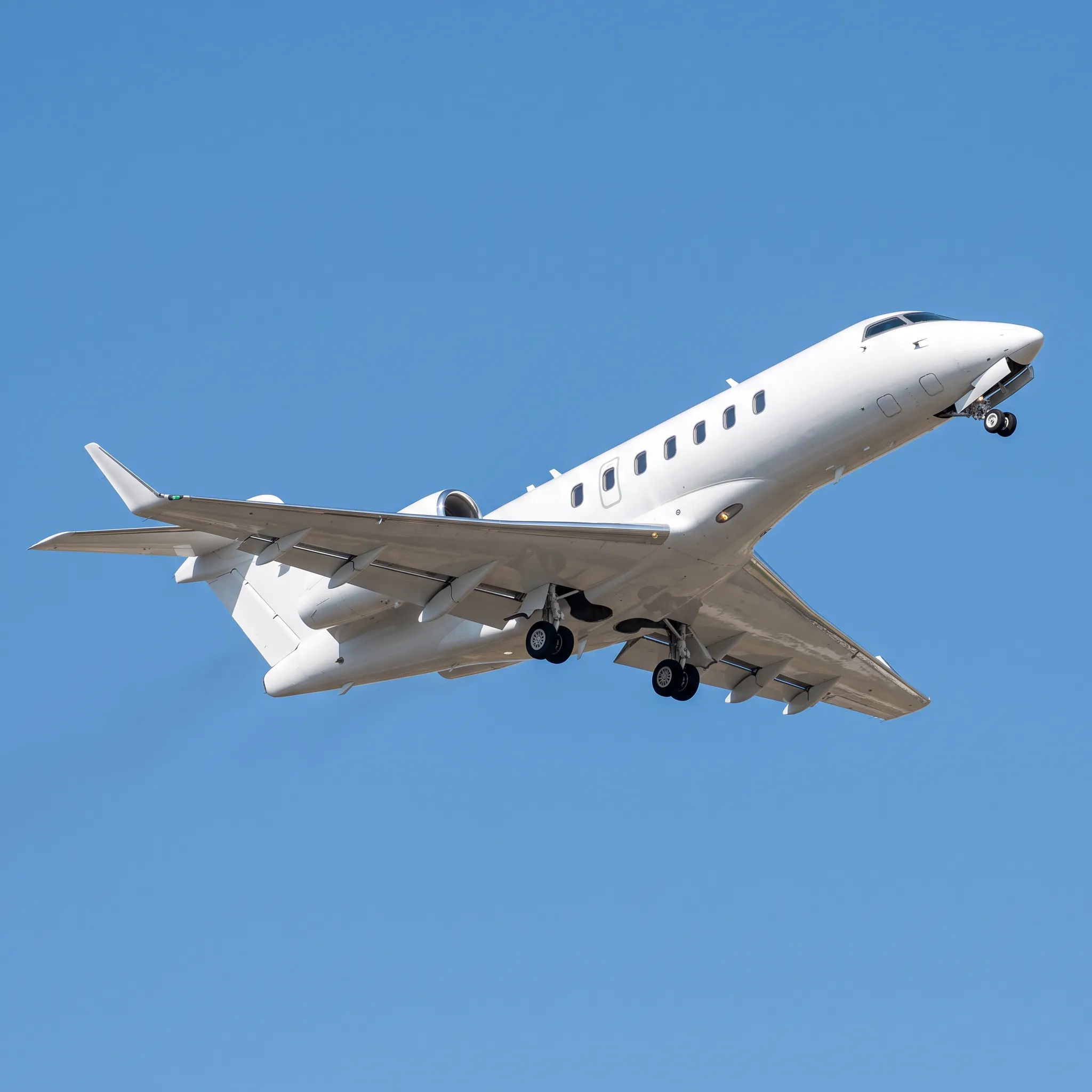 Private jet climbing steeply after takeoff against a clear bright sky