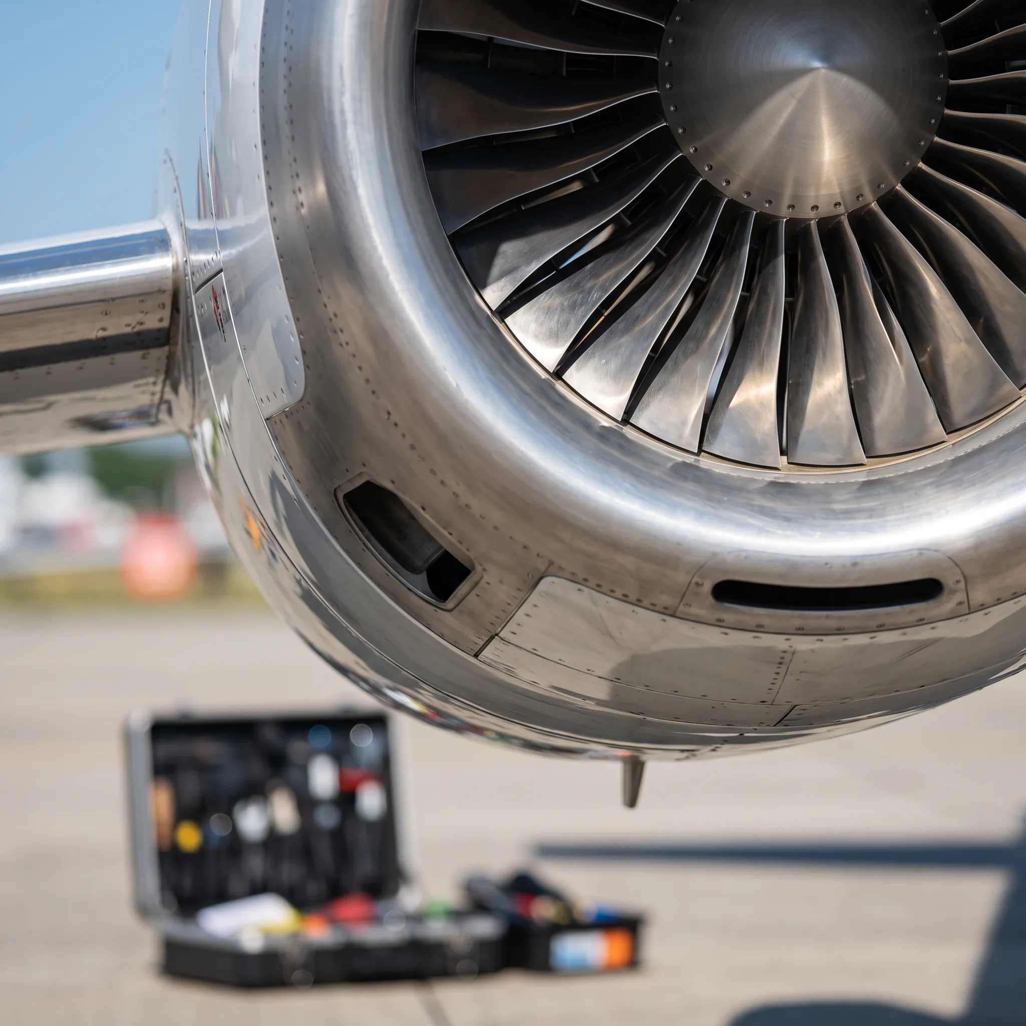 Close-up of a private jet engine nacelle and turbine fan blades in bright daylight