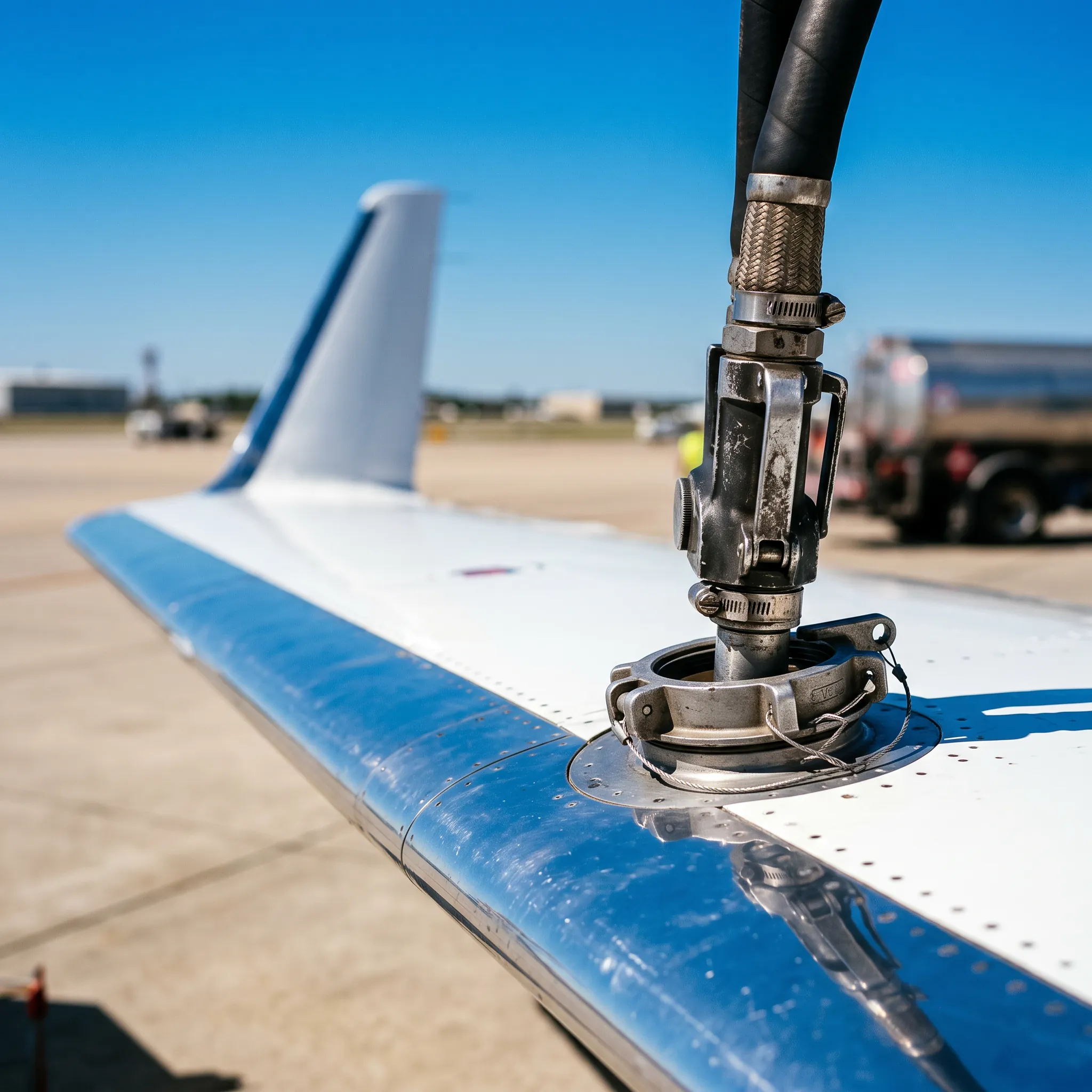 Close-up of a private jet wing during refueling on a sunny ramp
