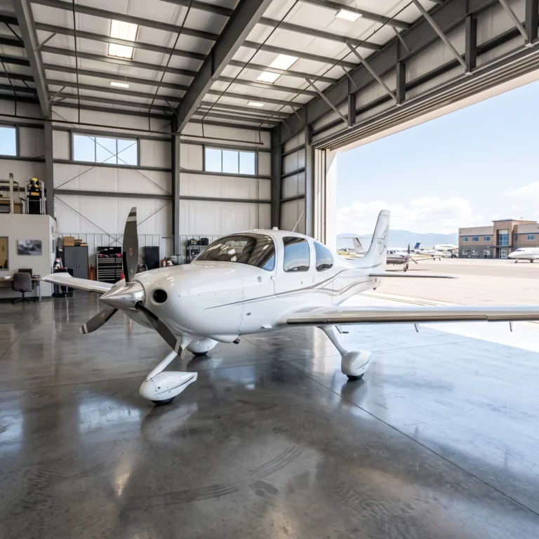 White Cirrus SR22T single-engine aircraft parked in a bright executive hangar with polished concrete floor
