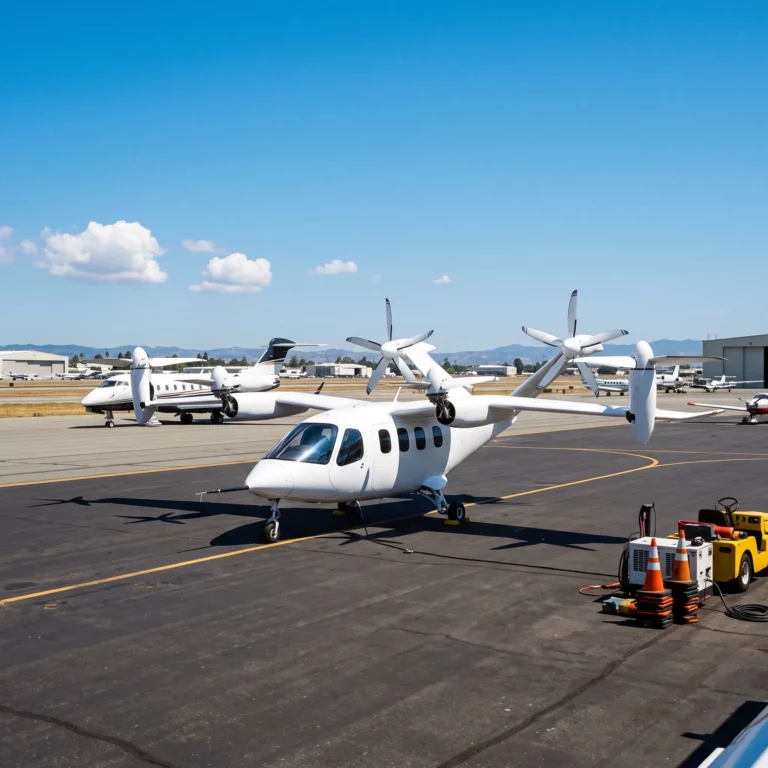 Joby Aviation electric air taxi aircraft parked on a sunny airport ramp near a business jet
