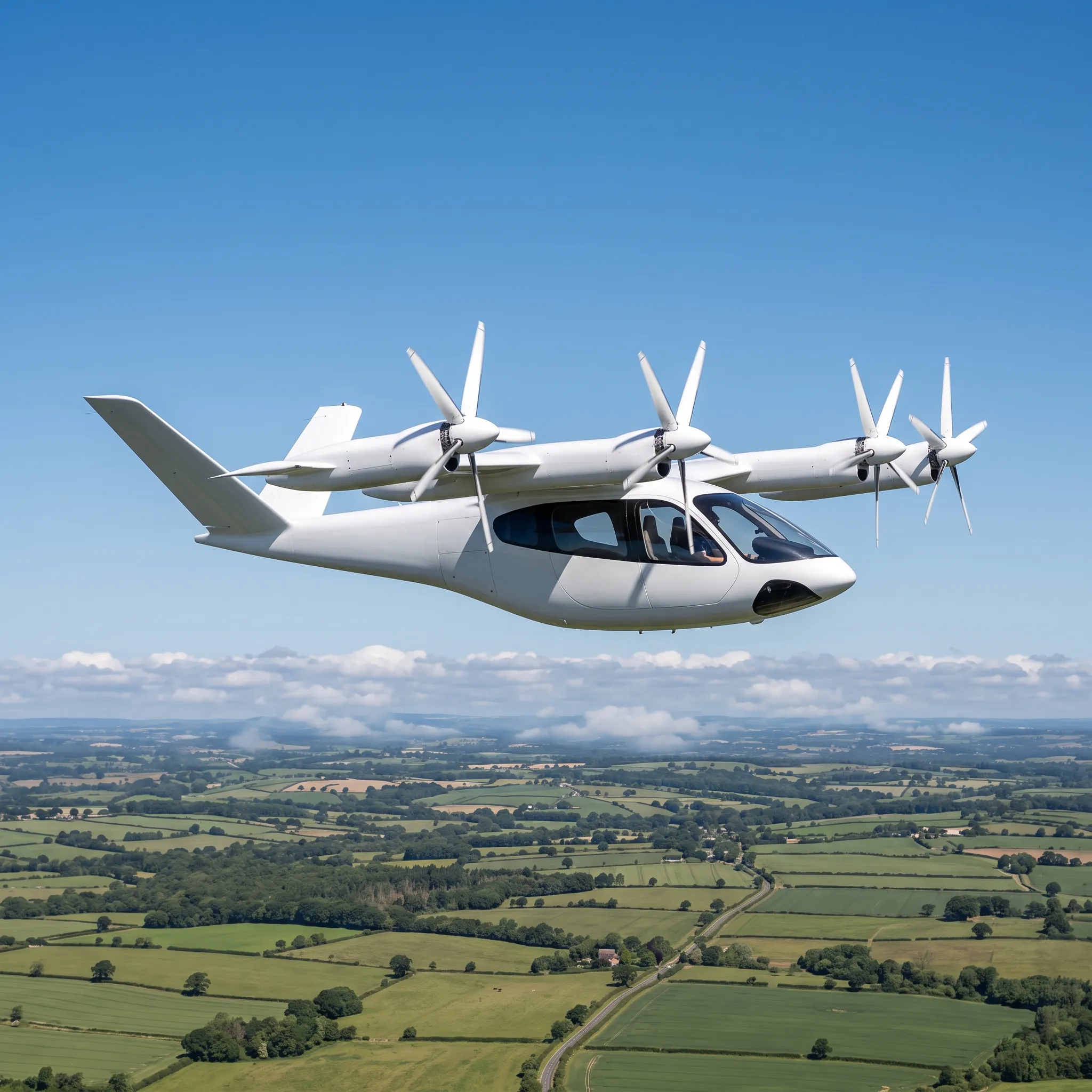 Electric air taxi with six tilting rotors cruising above the English countryside