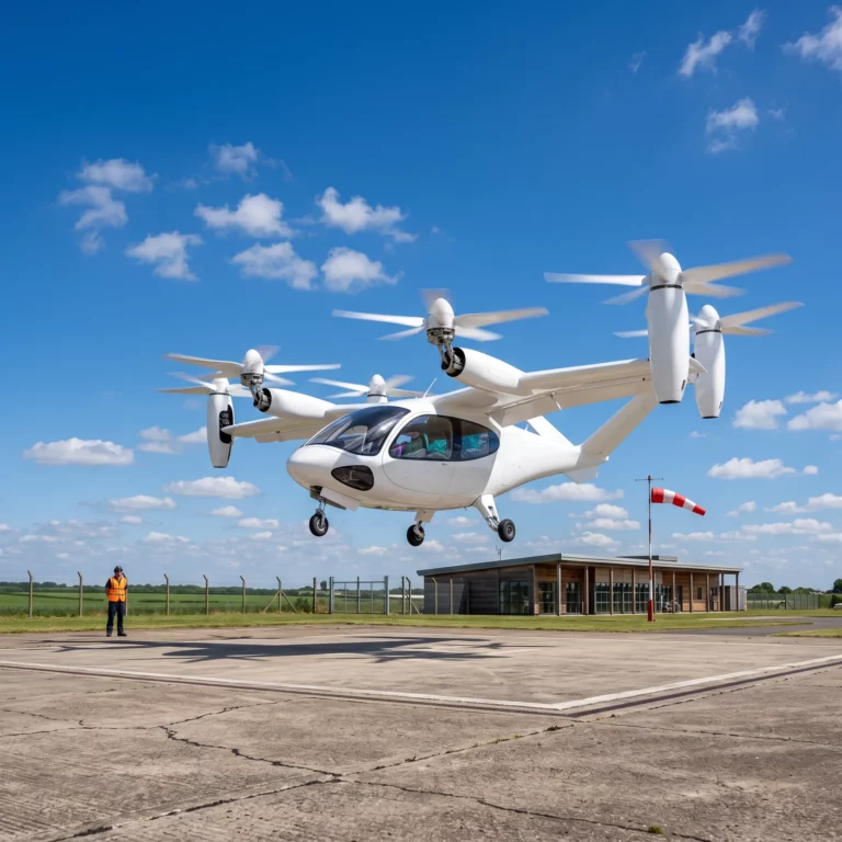Electric air taxi lifting off from a regional UK airport pad with ground crew watching