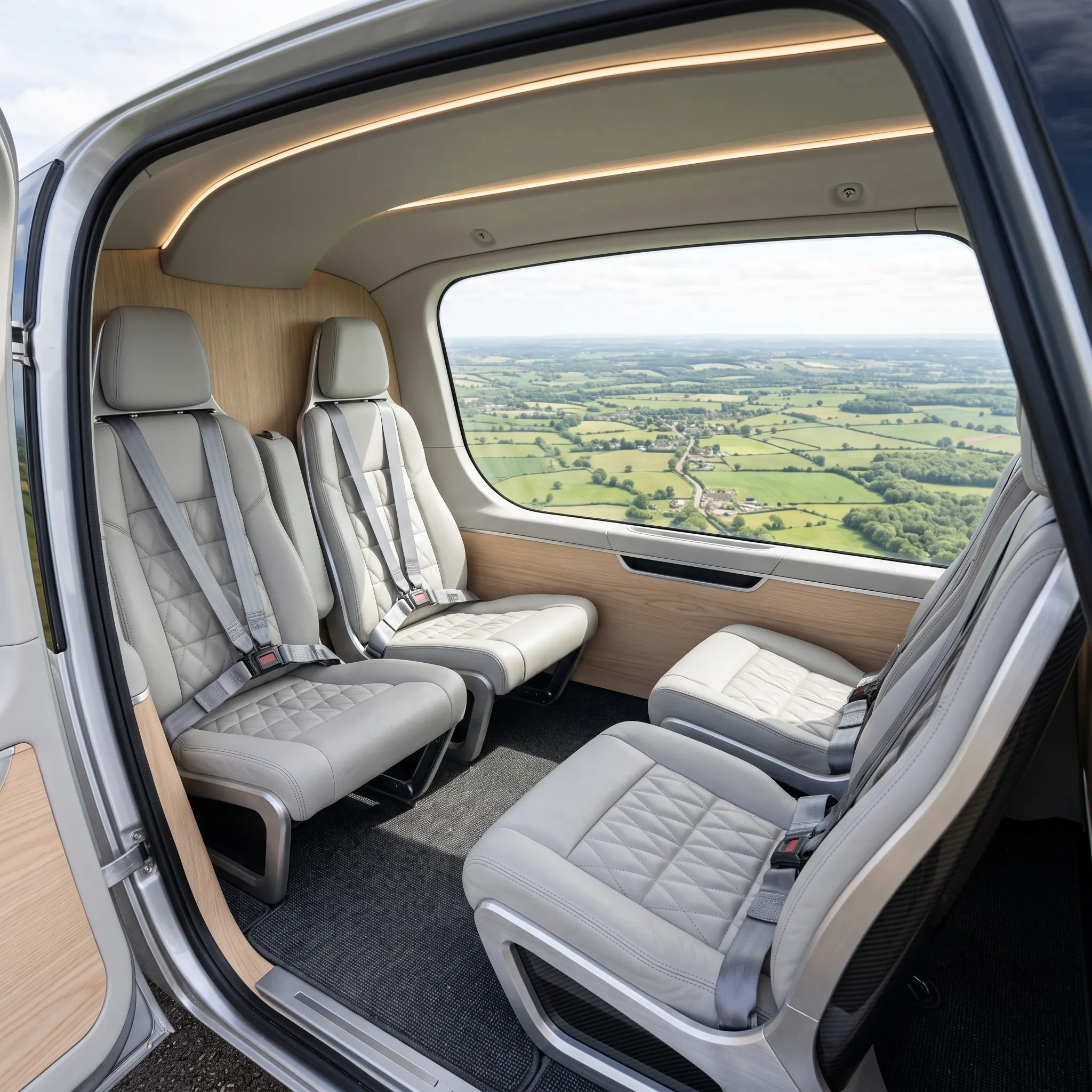 Compact four-seat electric air taxi cabin with pale leather seating and a view over farmland