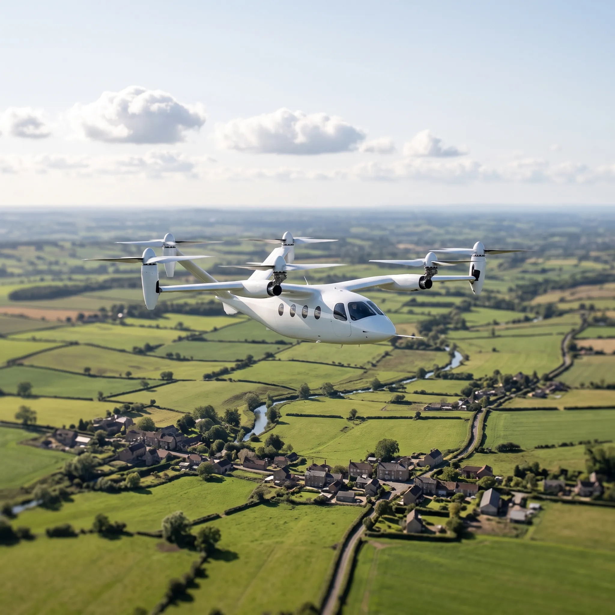 Electric air taxi aircraft flying over the English countryside in bright daylight