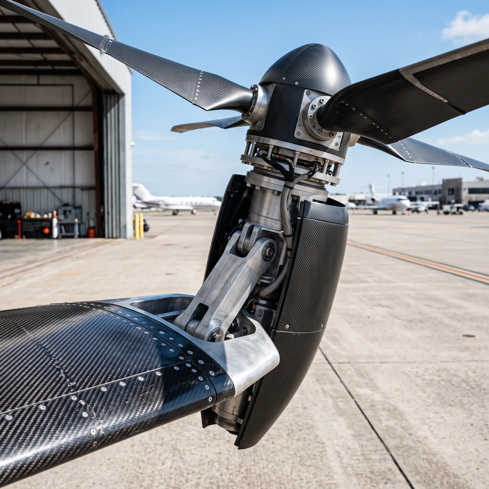 Close-up of an electric air taxi rotor and wing structure showing carbon fiber detail