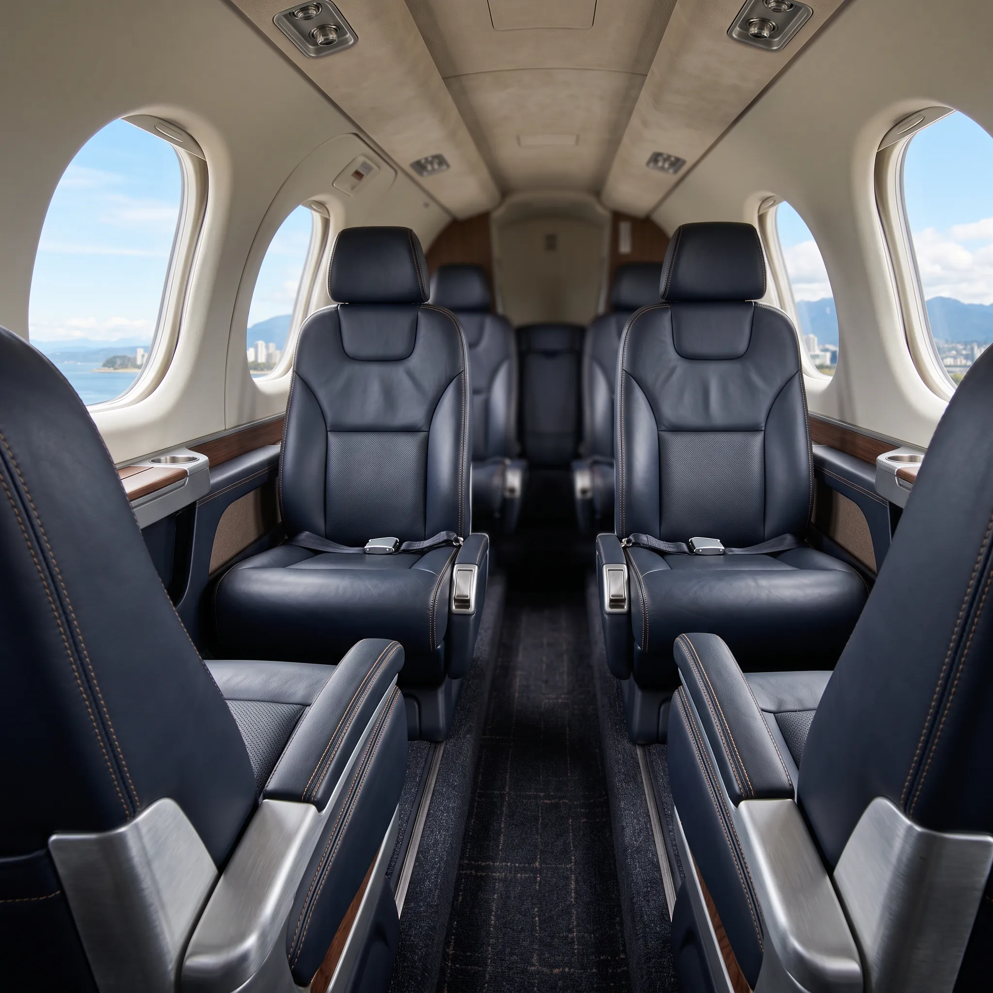 Luxurious small cabin interior of an electric air taxi with leather seating and natural light