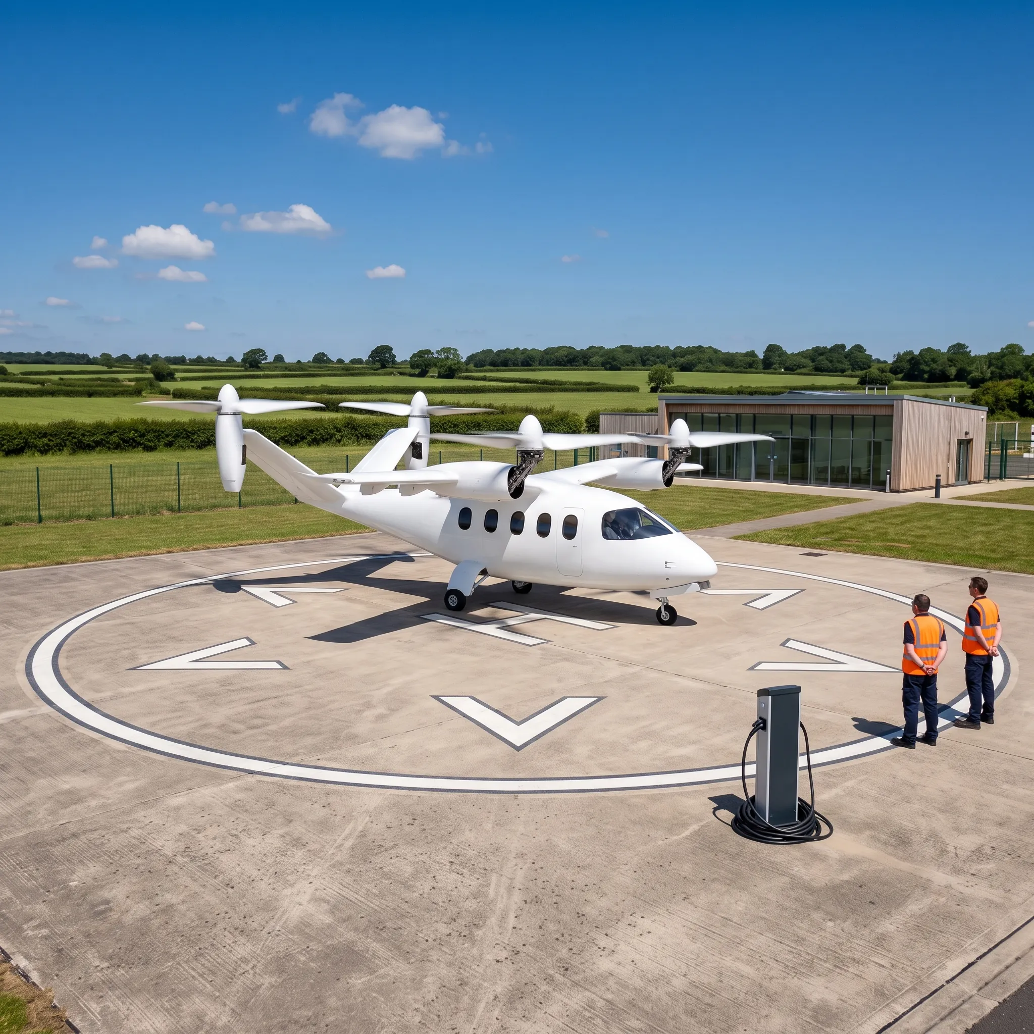 Electric air taxi on a circular vertiport landing pad at a regional UK airport with ground crew and a charging point