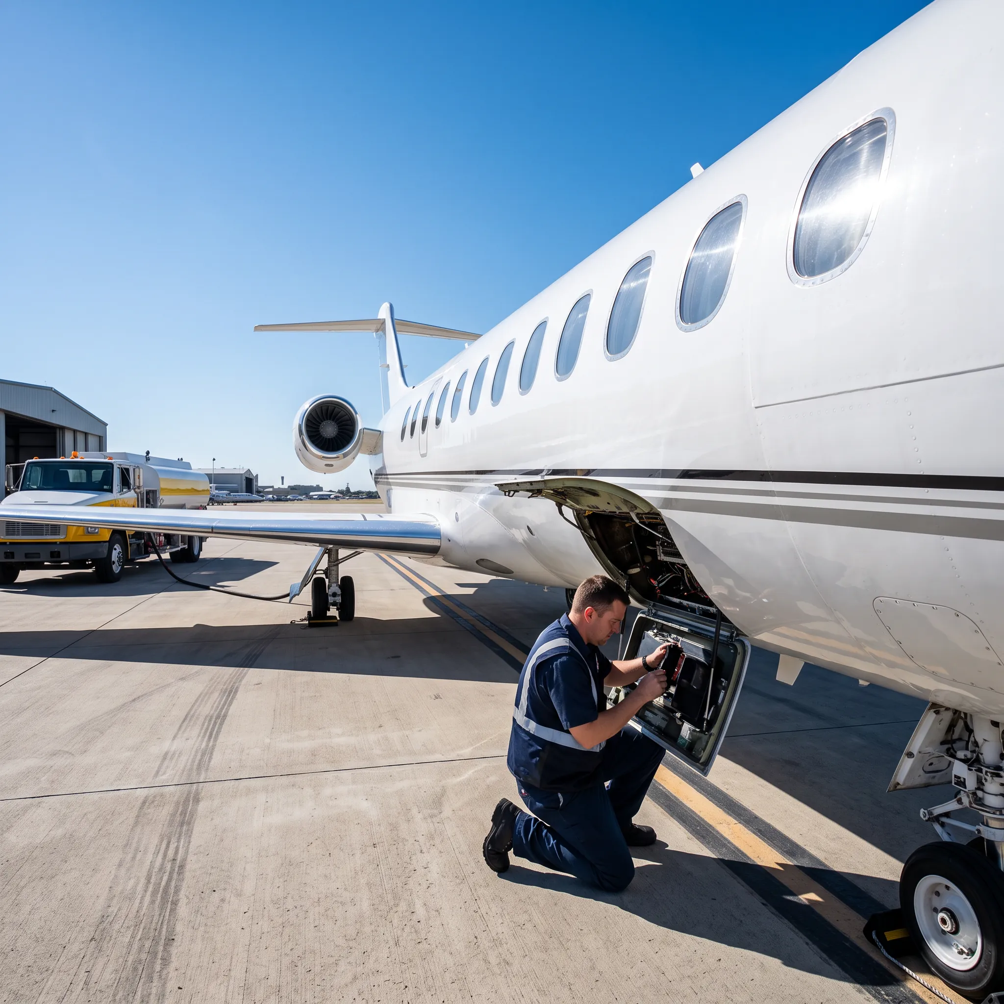 Ground technician inspecting avionics panel on a private jet at an FBO ramp in bright daylight