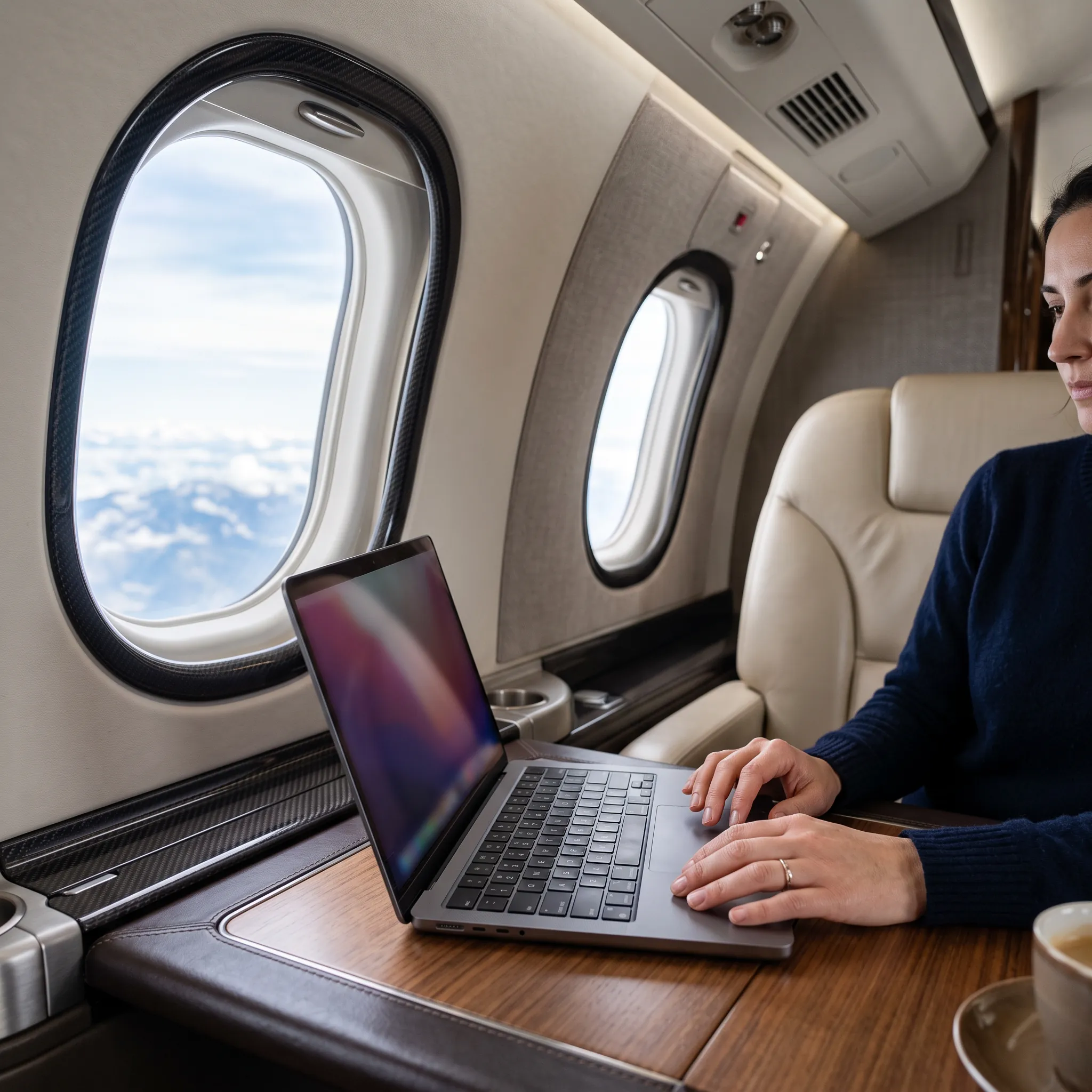 Passenger working on a laptop inside a private jet cabin illuminated by natural daylight