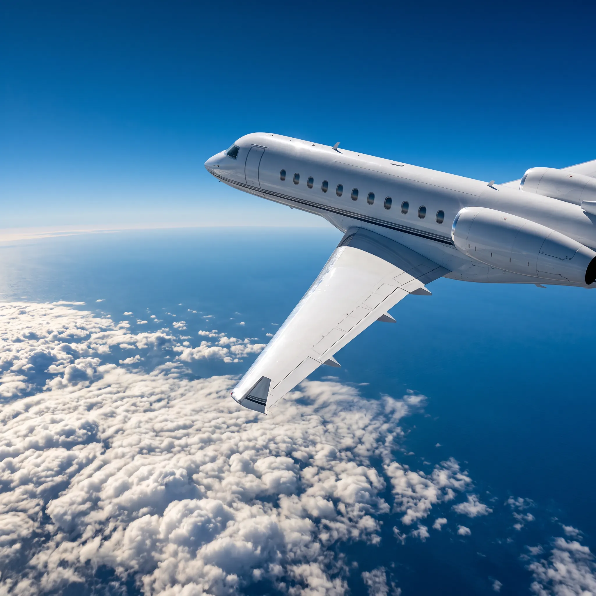 Private jet flying above clouds over open ocean representing long-haul satellite connectivity routes
