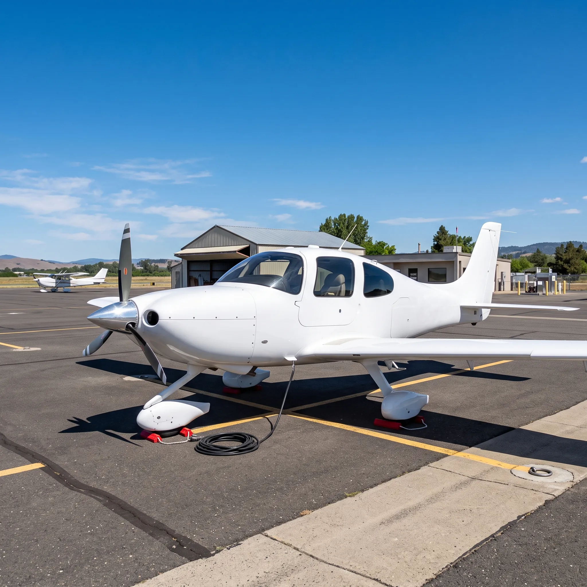 Cirrus SR22T aircraft parked on a regional airport ramp in bright daylight