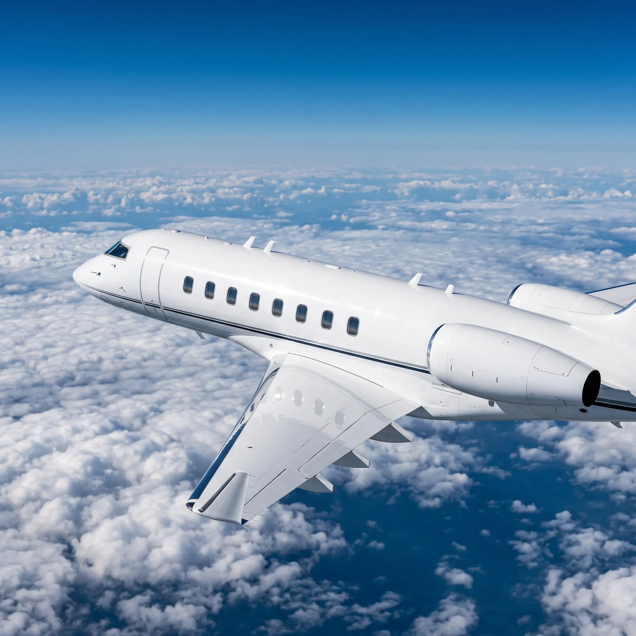 White private jet flying above a bright cloud layer symbolizing high demand for fractional flights