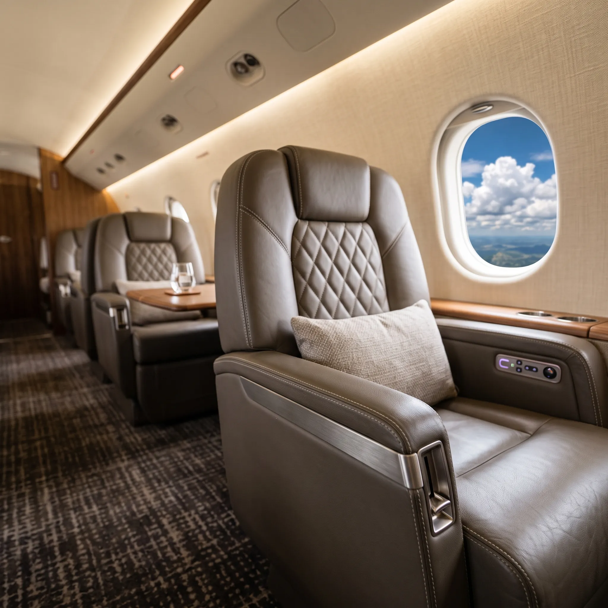 Empty luxury private jet cabin with leather seats and warm natural light through the windows