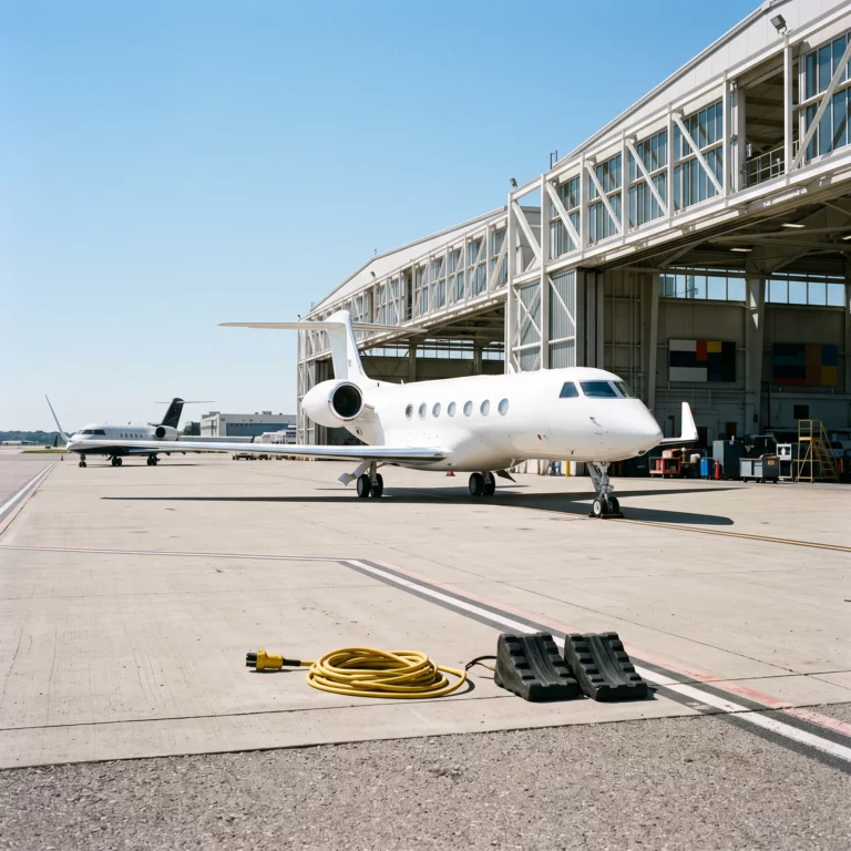 White private jet with a row of oval cabin windows parked on a bright executive hangar ramp