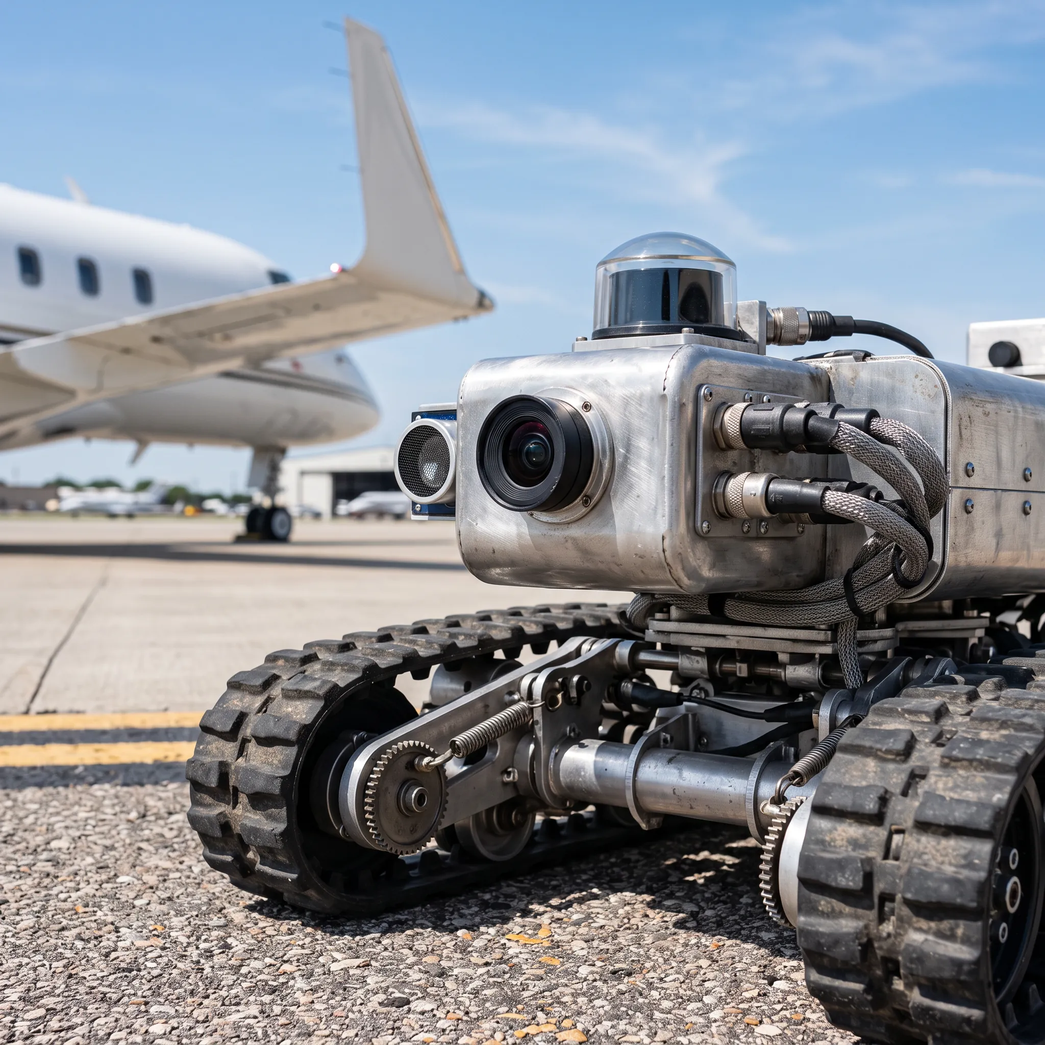 Close-up of an autonomous wingwalking robot's sensor array on a private jet ramp