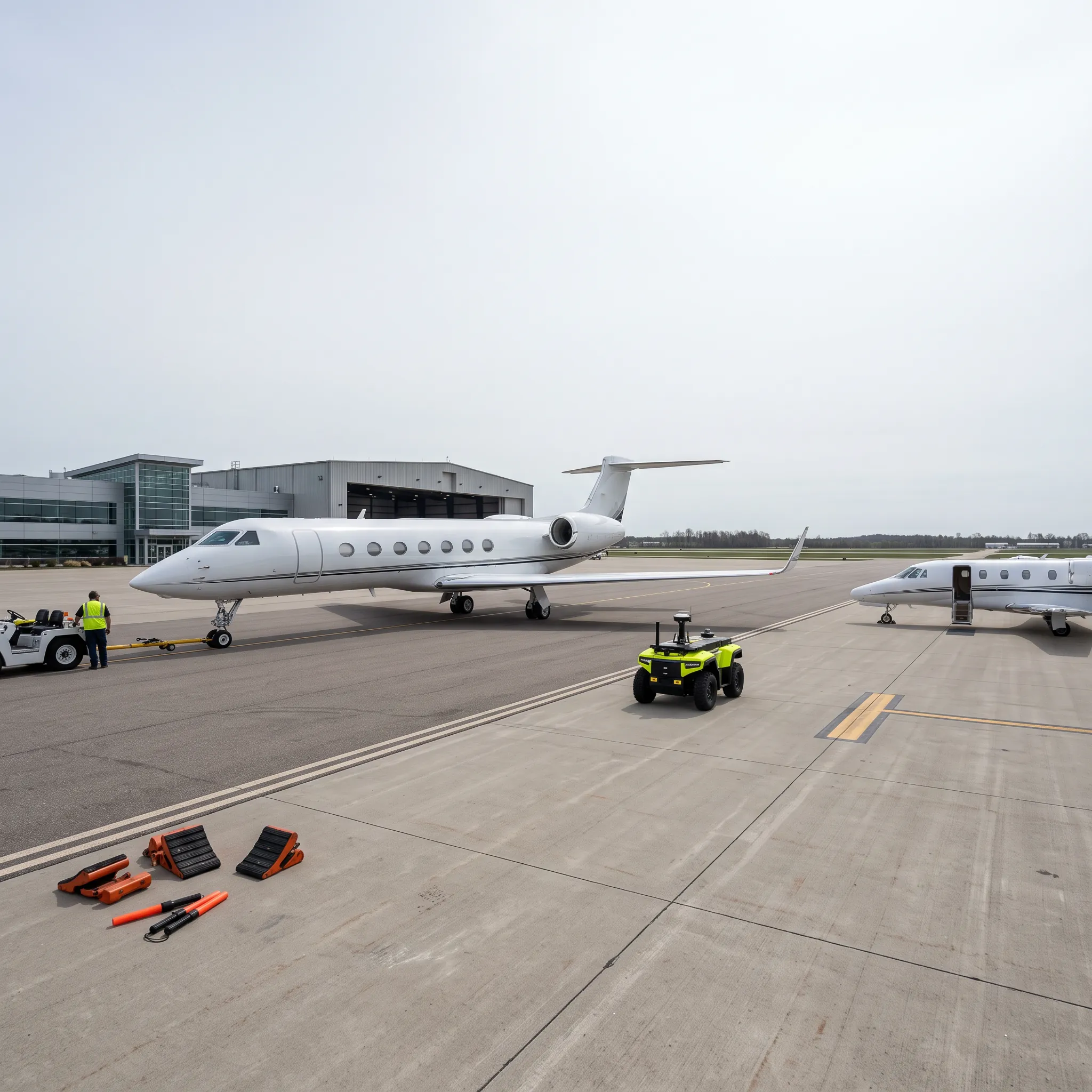 Business jet being towed across an FBO ramp with an autonomous robot assisting nearby