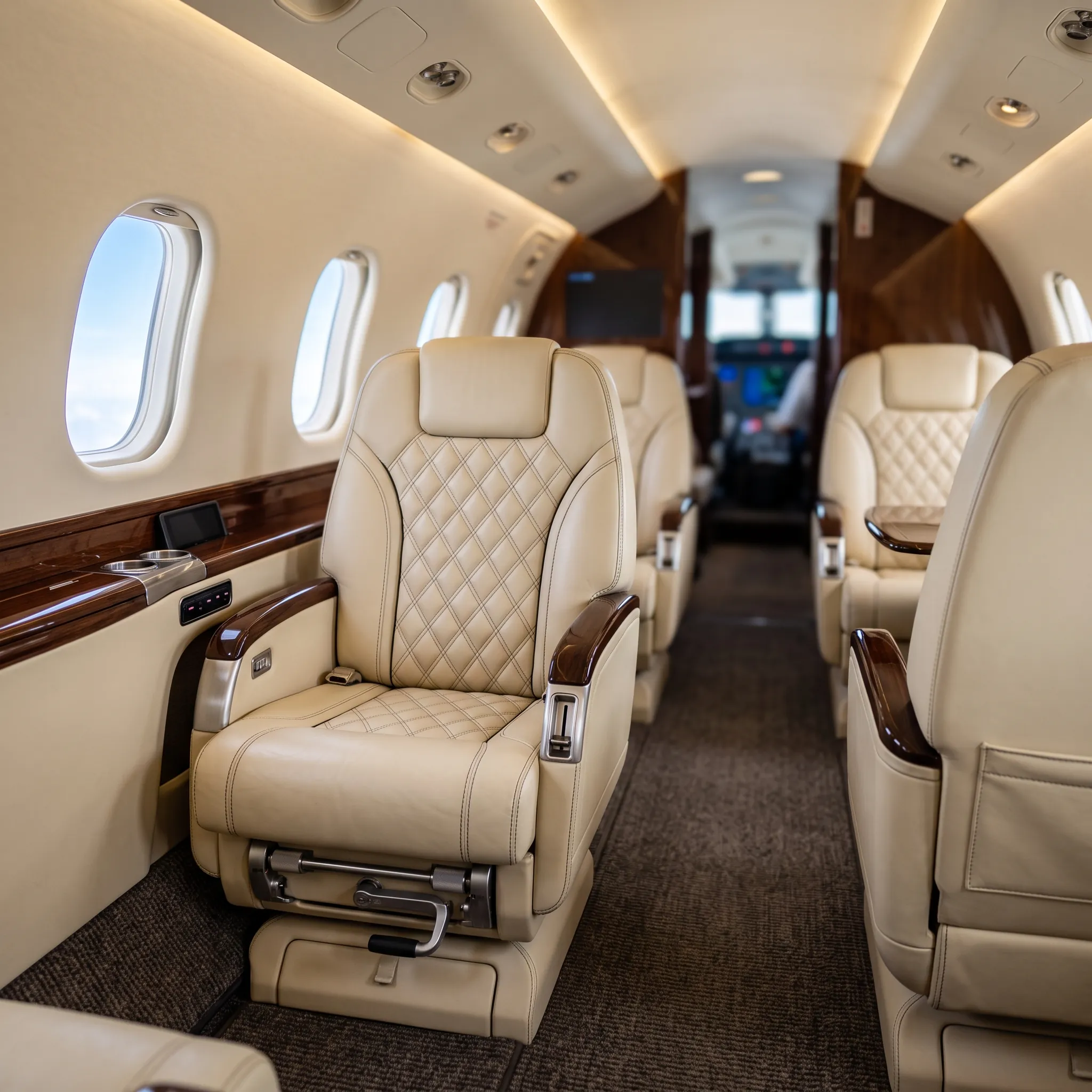 Luxurious leather club seating inside a Bombardier Challenger 3500 cabin