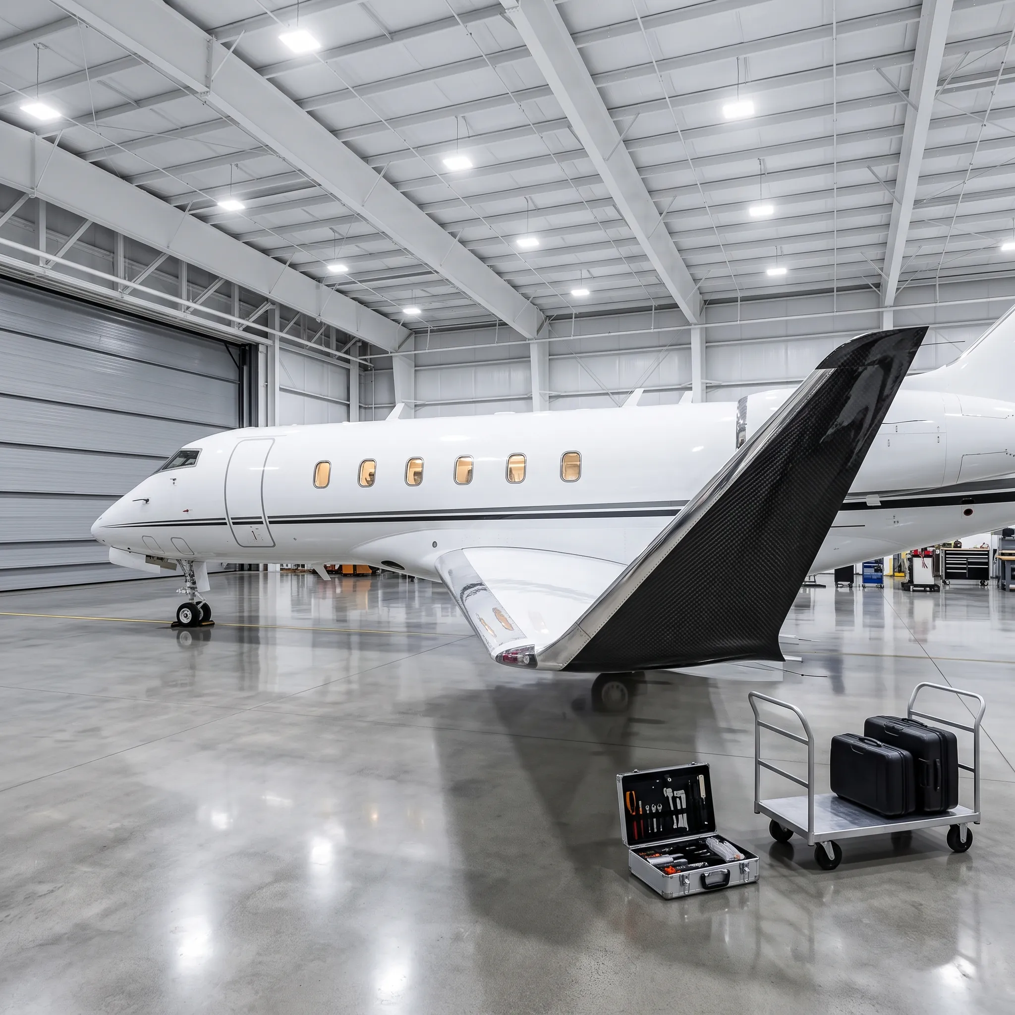 Bombardier Challenger 3500 private jet inside a bright executive hangar