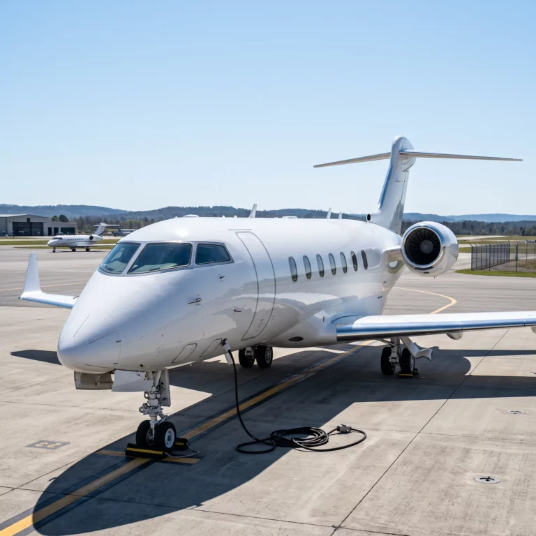 Bombardier Challenger 3500 super-midsize private jet on a sunlit airport ramp