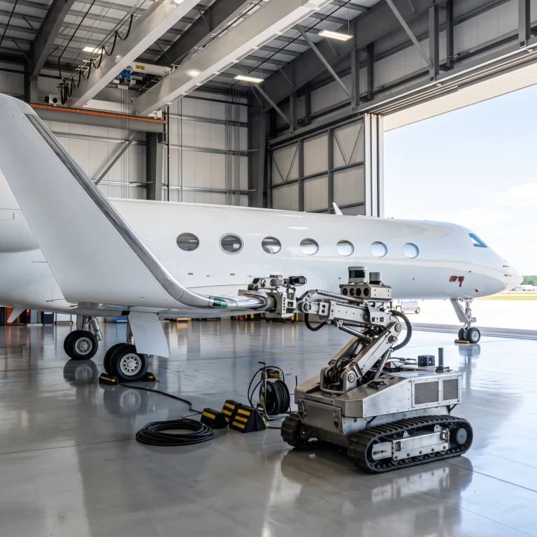 Autonomous wingwalking robot positioned beside a private jet's wingtip inside a bright hangar